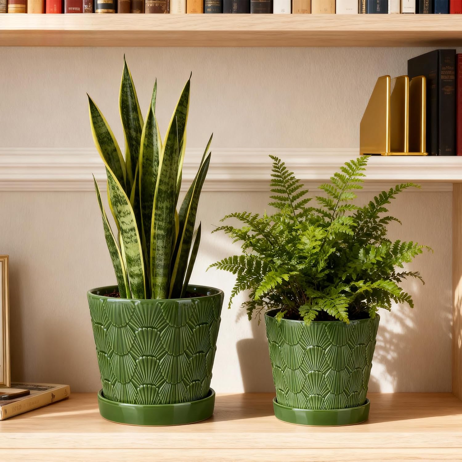 Ceramic Plant Pot,5 6 Inch Flower Pots with Drainage Hole&Tray,Ceramic Planter for Succulents Cactus,Indoor/Outdoor Pot for Plants,Set of 2- Patina