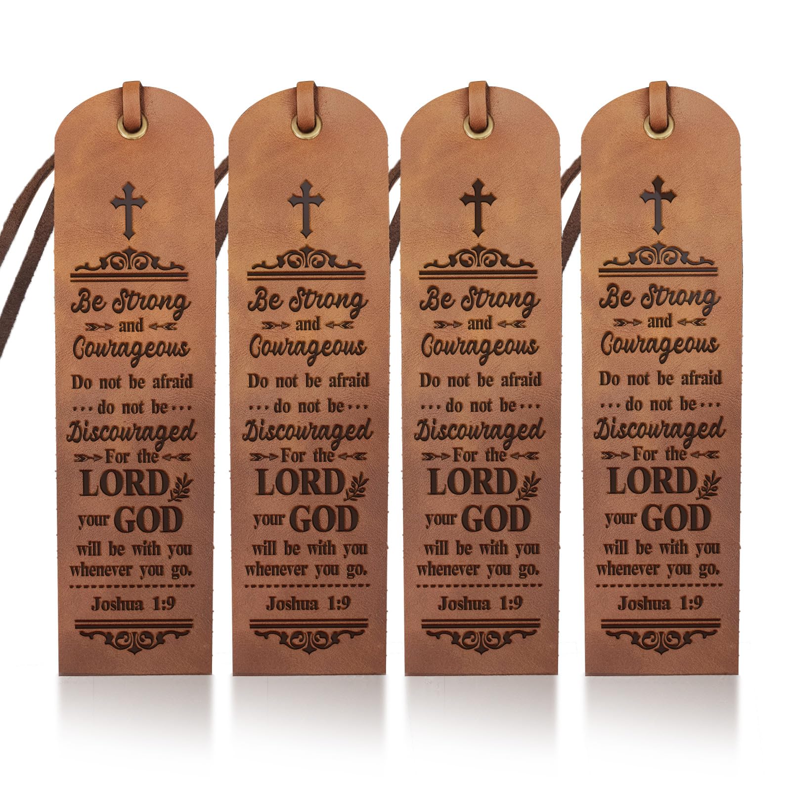 MAYJOYDIY 4Pcs Bible Leather Bookmarks for Women Men 2×7inch Be Strong Book Page Markers with Inspirational Bible Verse Handmade Leather Bookmark for Book Lovers Readers Writers Gifts