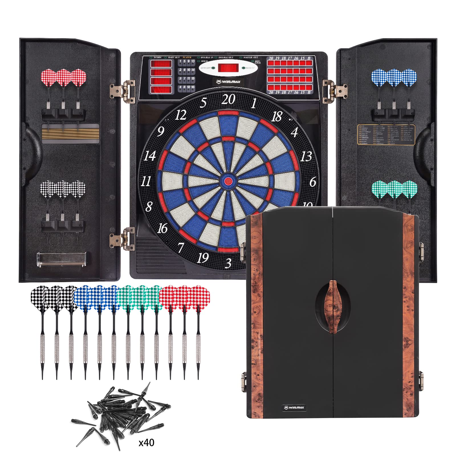 Photo 1 of *Loose Hardware-See Photos* WIN.MAX Electronic Dart Board Cabinet Set, Soft Tip Darts Board with LED Electronic Scoreboard for Darts, up to 16 Players , 38 Games and 211 Variations, 12 Darts Included Woodgrain