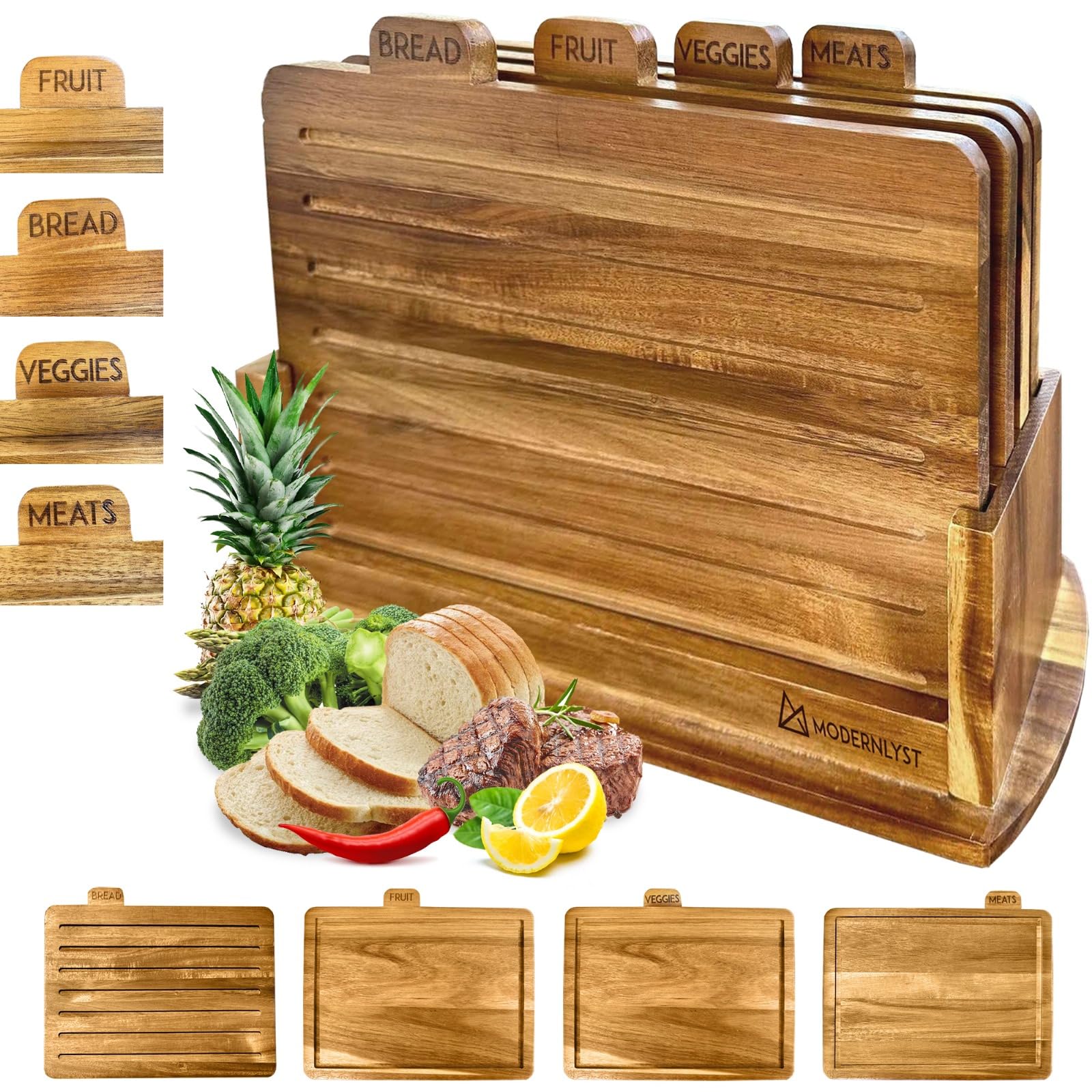 Modernlyst Wood Cutting Boards for Kitchen with Holder | Labeled Tabs on Each Wooden Board | Organized and Clean Chopping Everyday | Acacia 13" by 9.5" Set of 4