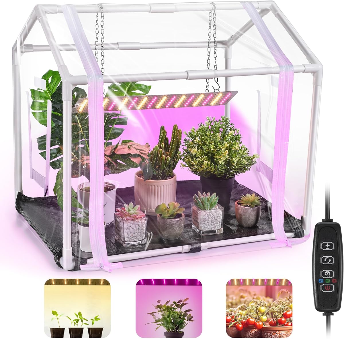 Meonum Mini Greenhouse with Grow Light, 23.6" L x 15.7" W x 19.6" H Portable Greenhouse with Waterproof Bottom Mat, Timer, 3 Light Color Mode for Indoor Outdoor Seed Starter Tray (Mini House Shape)