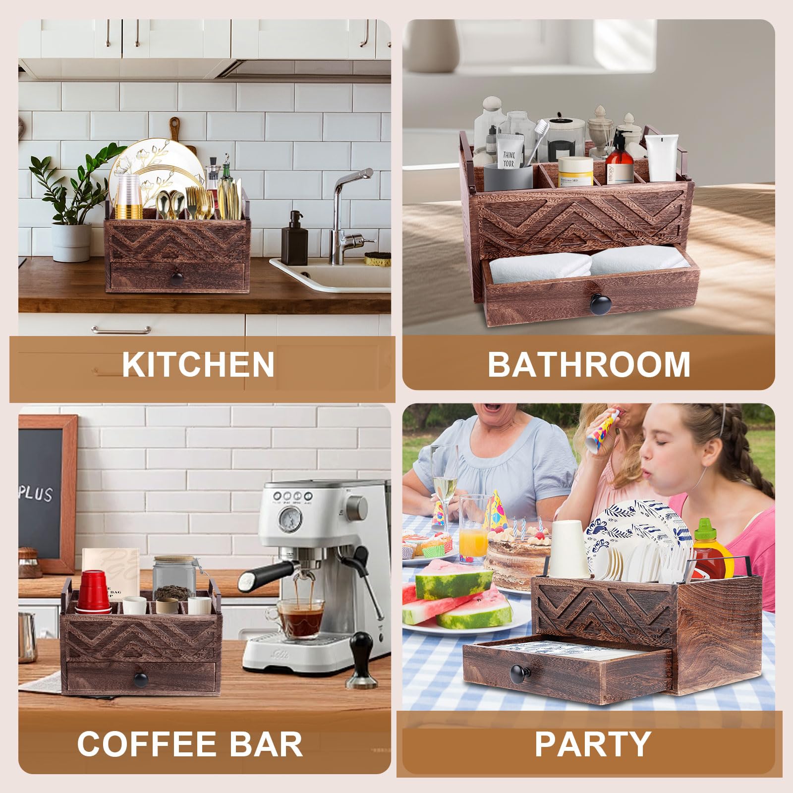 Dispensador de platos de papel con cajón, organizador de encimera de cocina de madera rústica para tazas, cucharas, tenedores, platos, servilletas y cubiertos (marrón)
