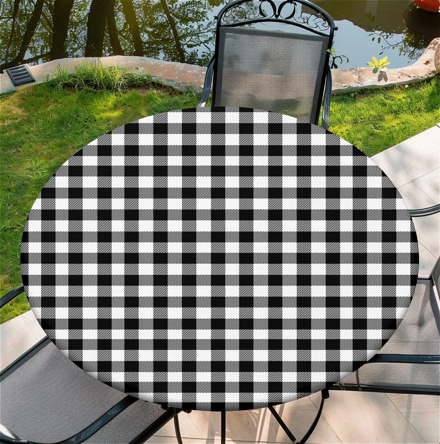artslion Round Table Cloth with Elastic Edge 36 In– Waterproof Wipe Clean Fitted Table Cover for Indoor & Outdoor Use – Black and White Checkered Patterns