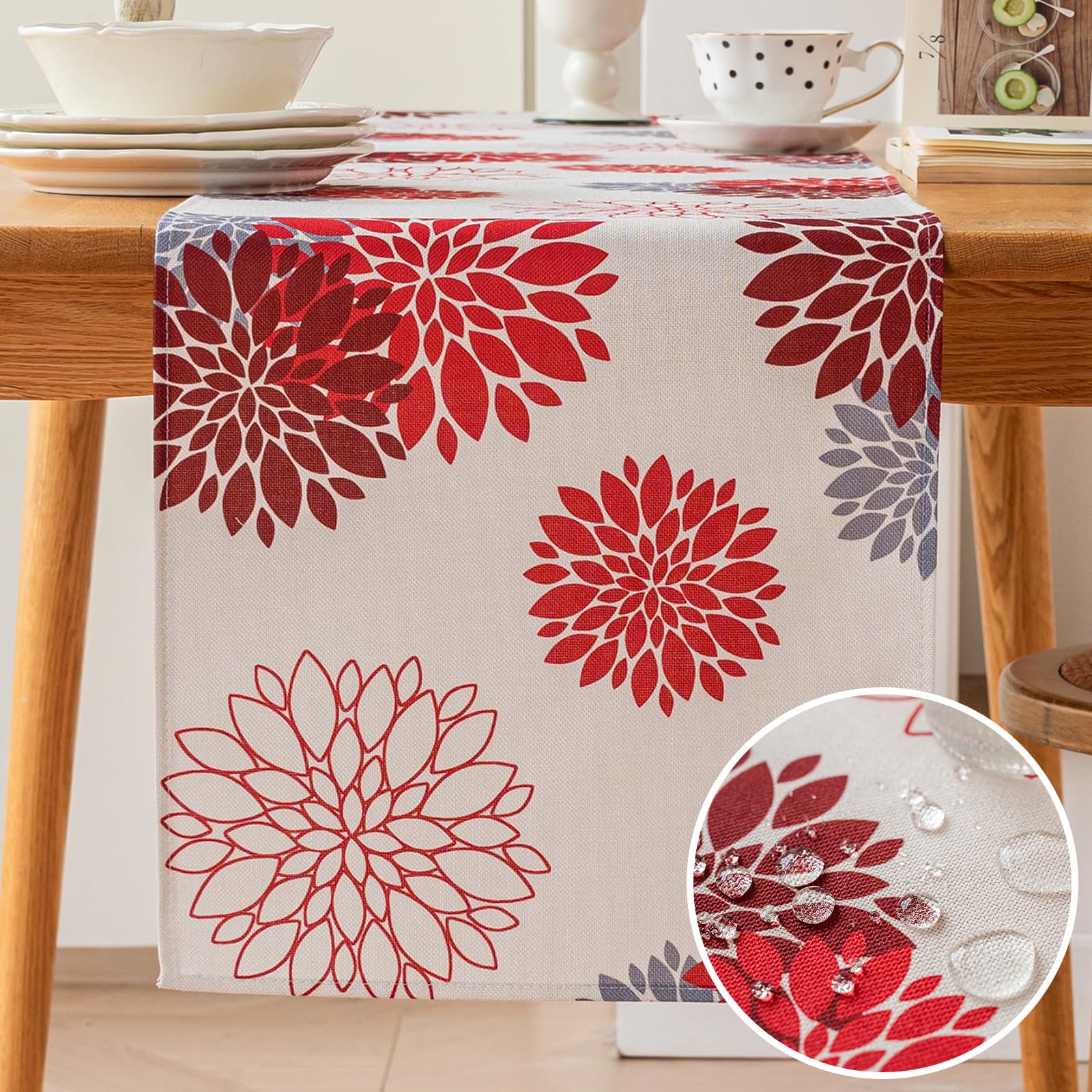 Vorysum Camino de Mesa Dalias Moderno Cocina Exterior Impermeable Camino de Mesa Rojo Hogar Decoración Manteles para Fiestas de Vacaciones Comedor 40x140 cm