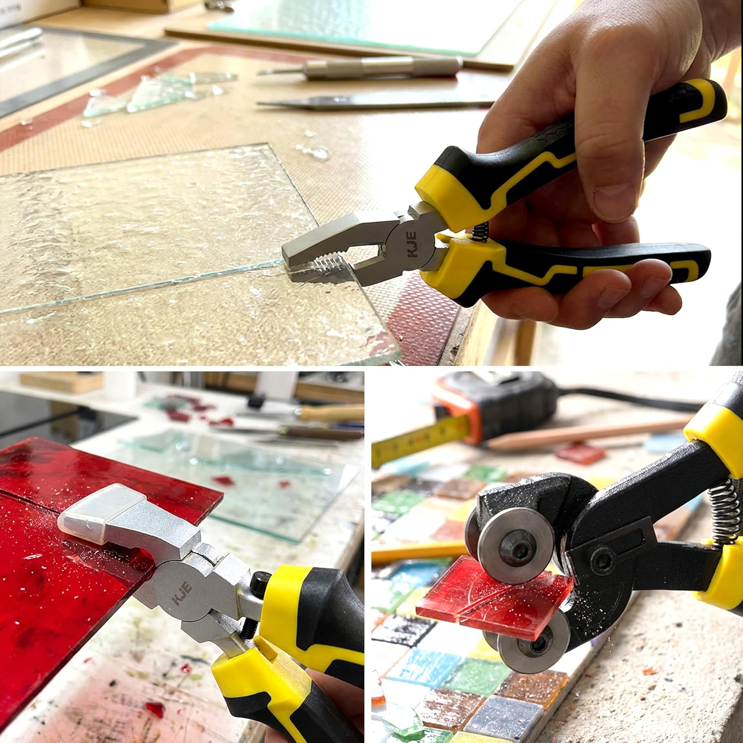 KJE 15PCS Glass Cutters Tools, 8" Wheeled Glass Tile Nippers, 8" Running Pliers, 6" Breaker Grozer Pliers, Oil Feed Glass Cutter Kit with 3 Size Cutter Head for Mosaic Cutting with Zipper Bag