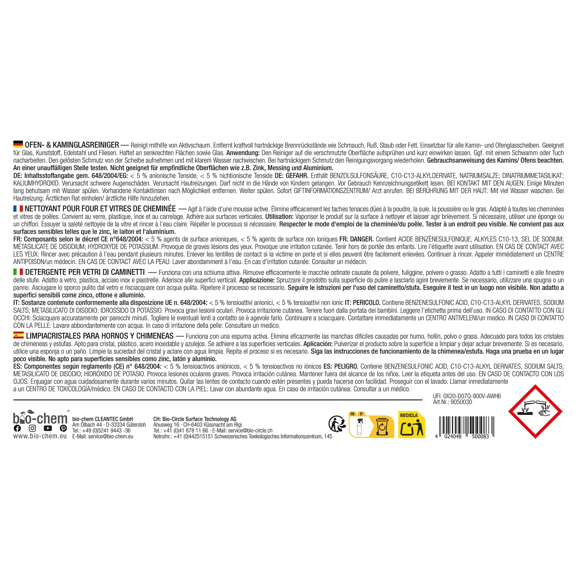 bio-chem Detergente vetro camino stufa inserto 3x 500ml + panno microfibra | Pulitore vetri e caminetti, anche per forno - Manutenzione delle superfici vetrate degli apparecchi riscaldanti