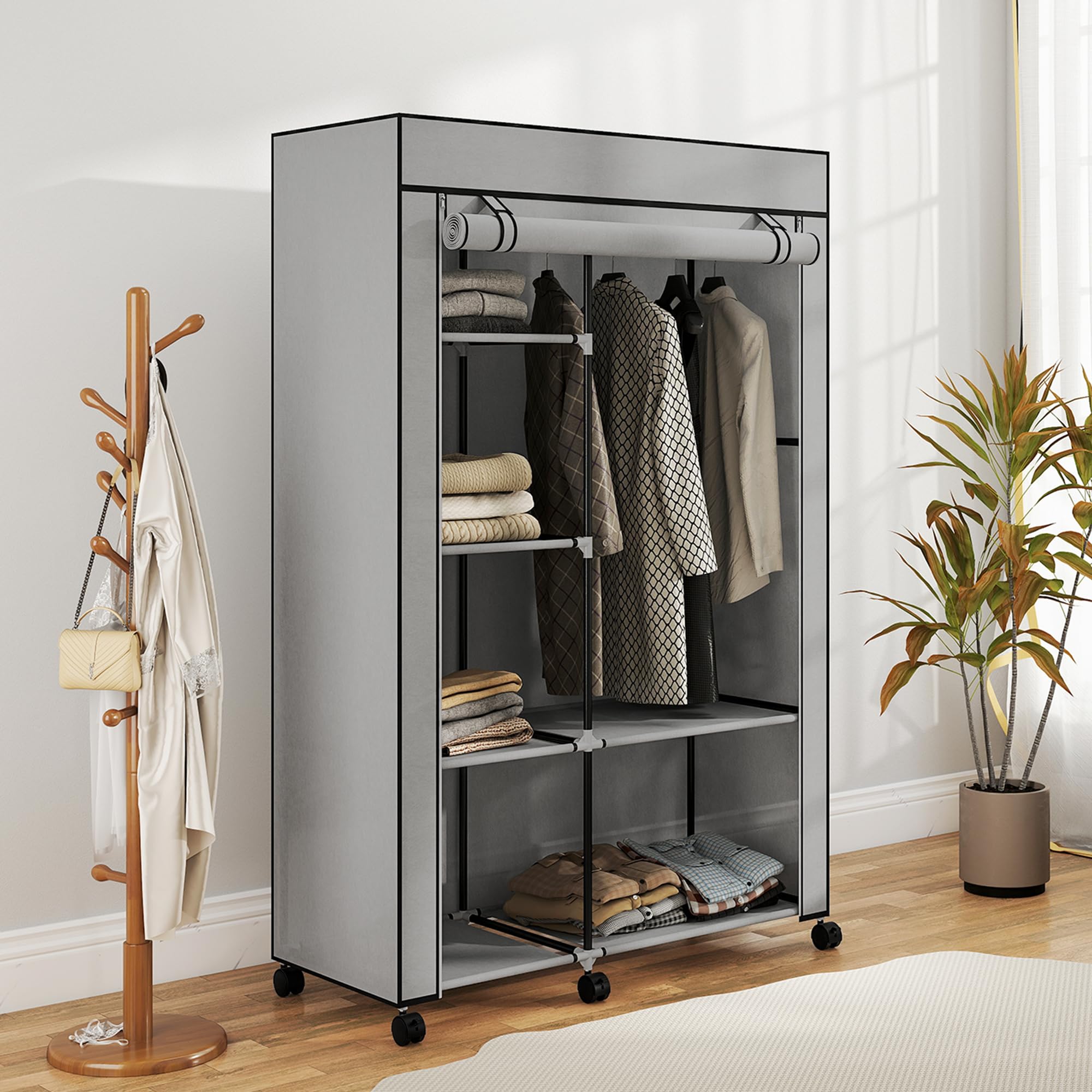 HOMCOM Armadio Portatile con 6 Ripiani Aperti 103x43x162.5 cm Grigio Chiaro | Tessuto non Tessuto, Acciaio e PP, Armadio Guardaroba Salvaspazio, 1 Appendino, Porta a Cerniera