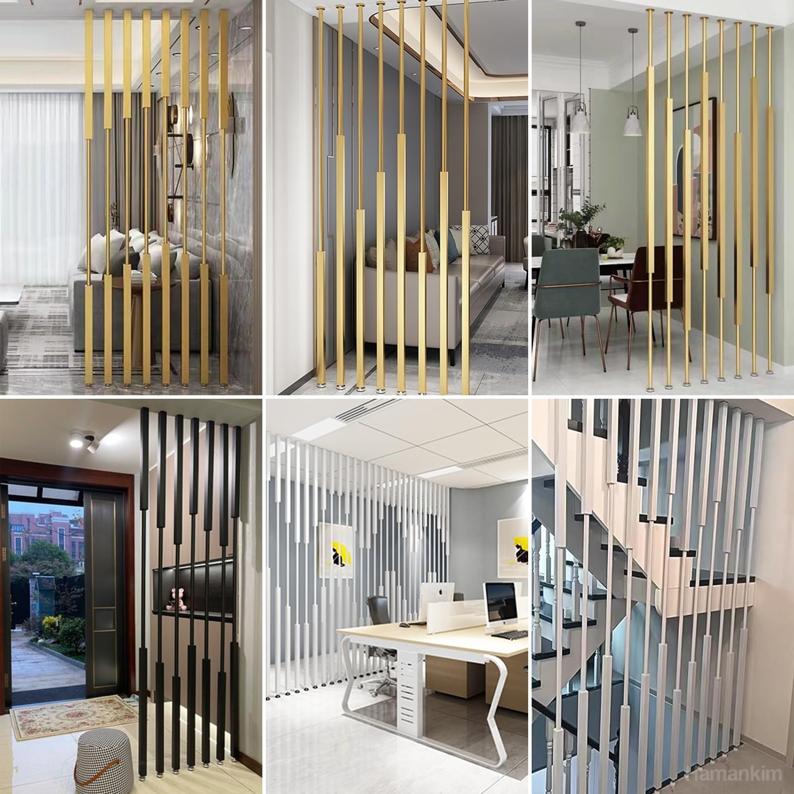 Biombo Separador de ambientes Gold Paravent | Panel divisorio Independiente para Pasillo de Entrada y Escalera | Mampara de privacidad de 5/8 Piezas con Listones metálicos(5pcs-A,120cm/47in/3.9ft)