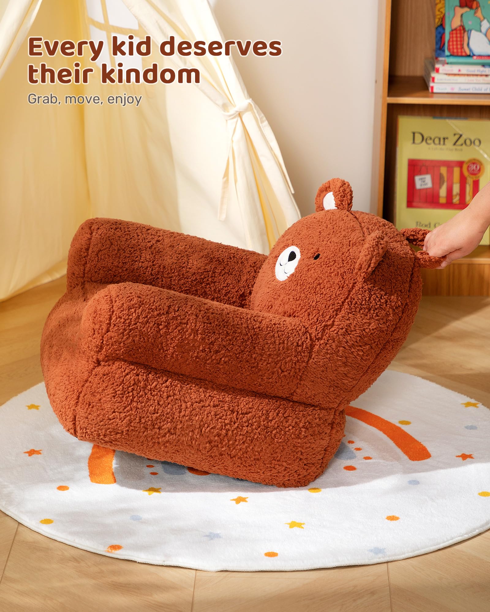 BEJOY Wygodna sofa dziecięca, wypełniony pianką, jednoosobowa, przytulna kanapa dziecięca Sherpa dla chłopców i dziewczynek, miś