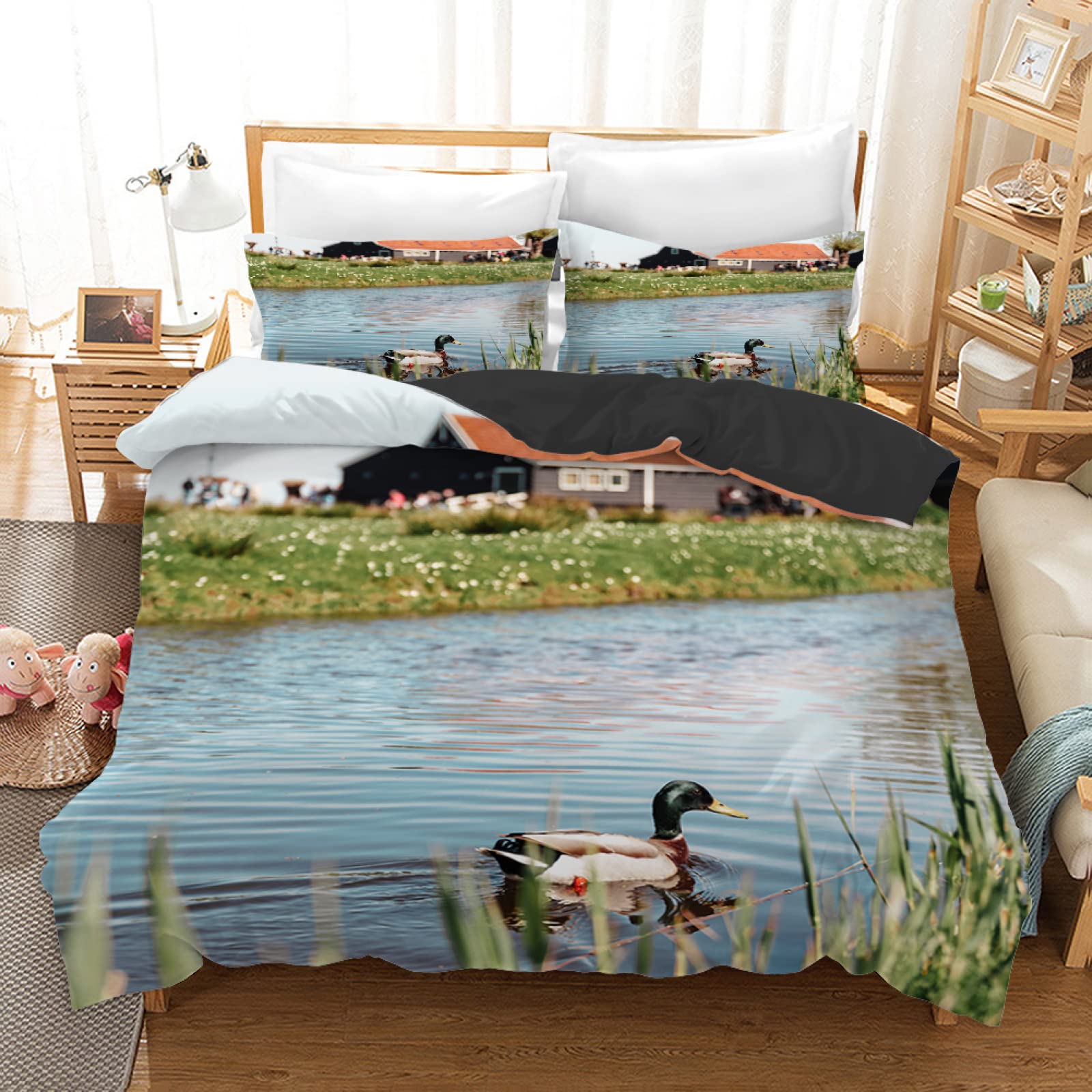 Housse de couette 90x190 enfant vert canard microfibre anti-plis et facile à laver