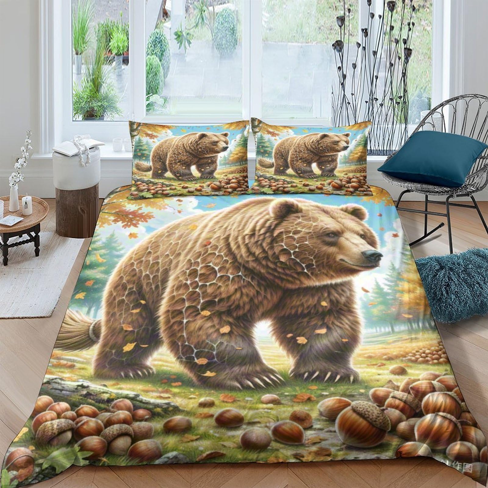 Linge de lit ours brun 3D pour chambre d'enfant et ado, housse de couette 220x240 en microfibre
