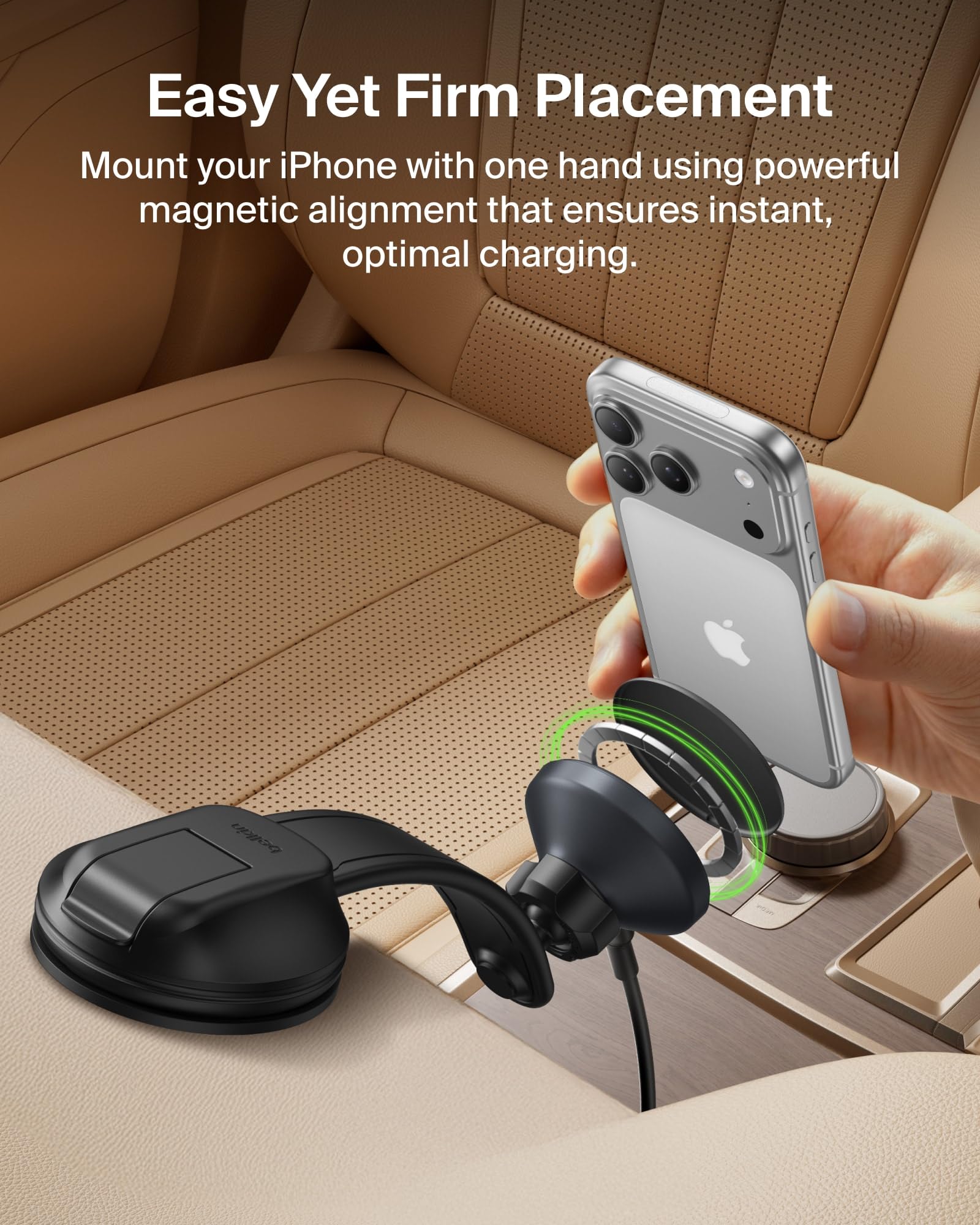 Belkin Caricatore da auto wireless, supporto magnetico per cruscotto con cavo USB C da 1 m, compatibile Qi2 MagSafe, caricabatterie per iPhone 17, Galaxy S25, Pixel 10 e altri, accessori da viaggio