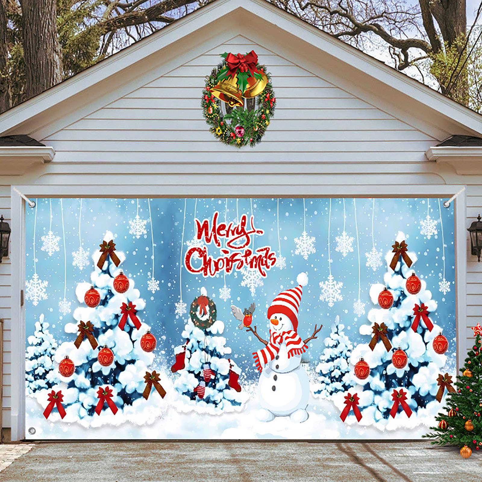 Garage Buddy Christmas Door Cover - Large Merry Xmas Holiday Backdrop Sign Poster for Photo Props Party Supplies, 240x210cm