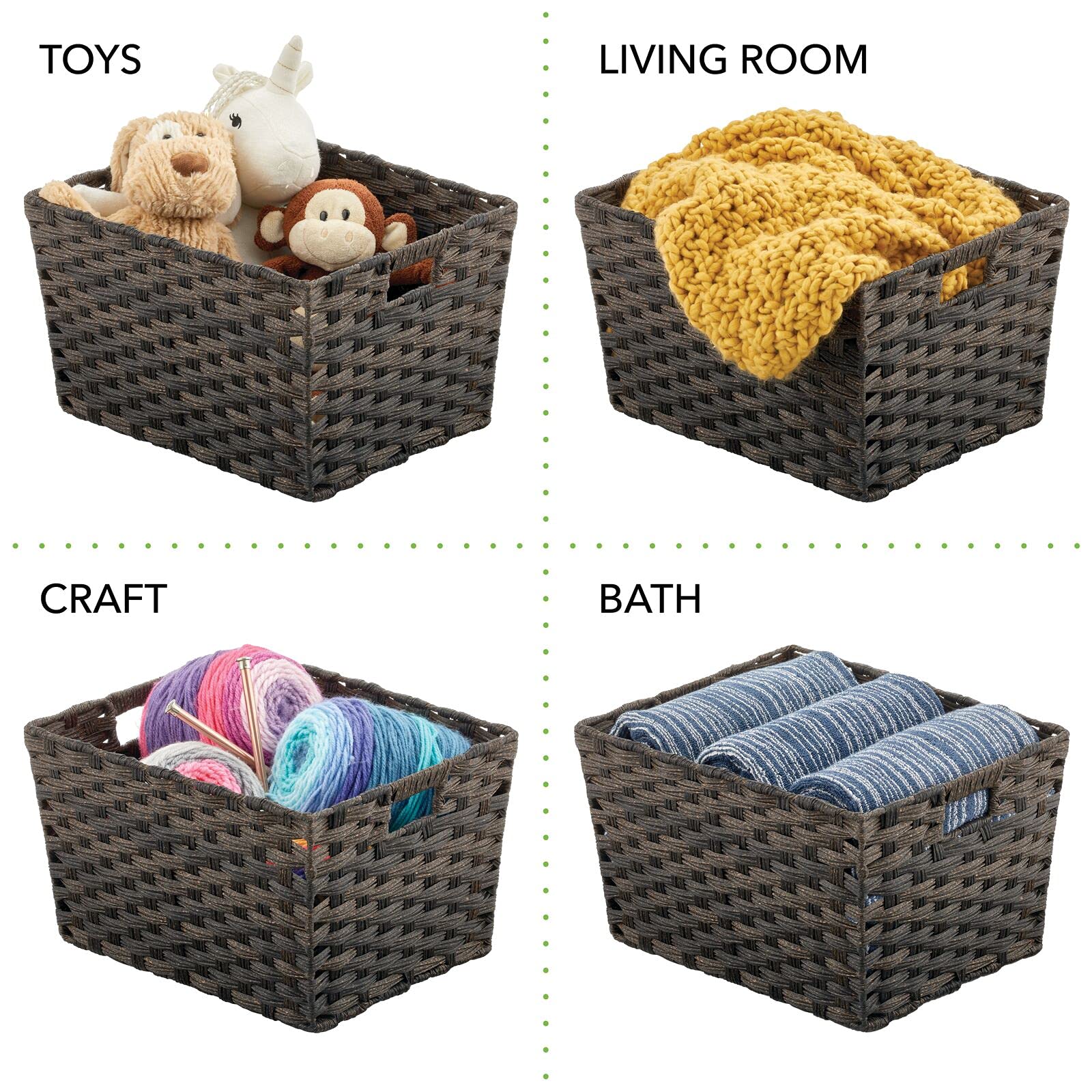 mDesign Wide Rectangular Woven Braided Rope Home Storage Baskets with Handles - for Organizing Closet, Bedroom, Bathroom, Living Room, Entryway, Office - 8.25" High, 2 Pack - Espresso Brown