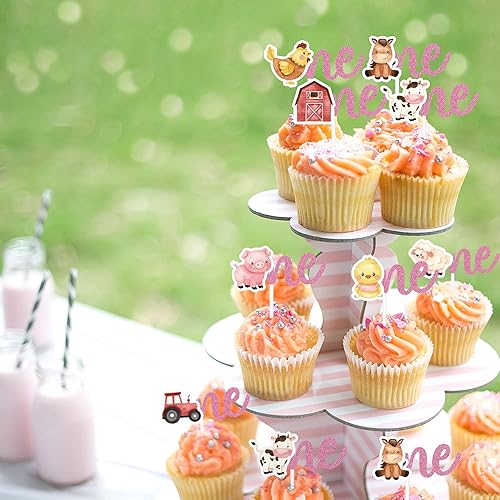 Miniatura 5 de Decoración para cupcakes de animal de granja, 24 piezas, purpurina rosa, para primer cumpleaños, cupcakes, acuarela, bebé, decoración temática de