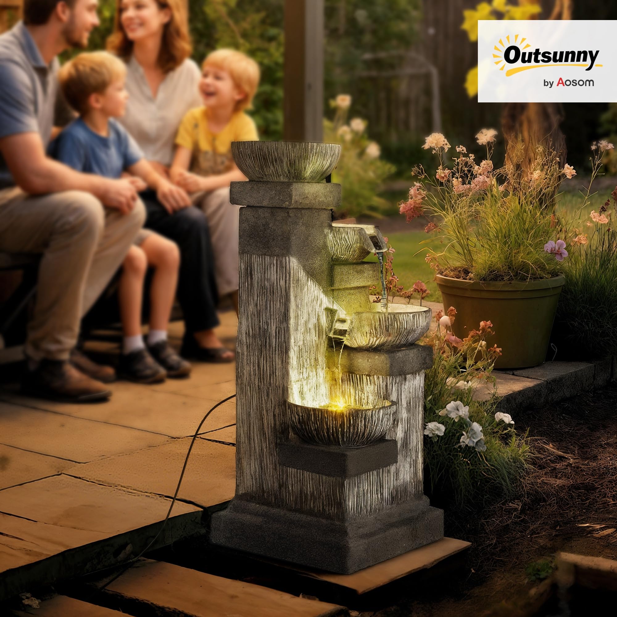 Outsunny Fontaine de Jardin Cascade Fontaine d'eau extérieure 4 Niveaux avec lumières LED, Pompe à Eau, en résine, 38 x 36 x 85 cm, Gris