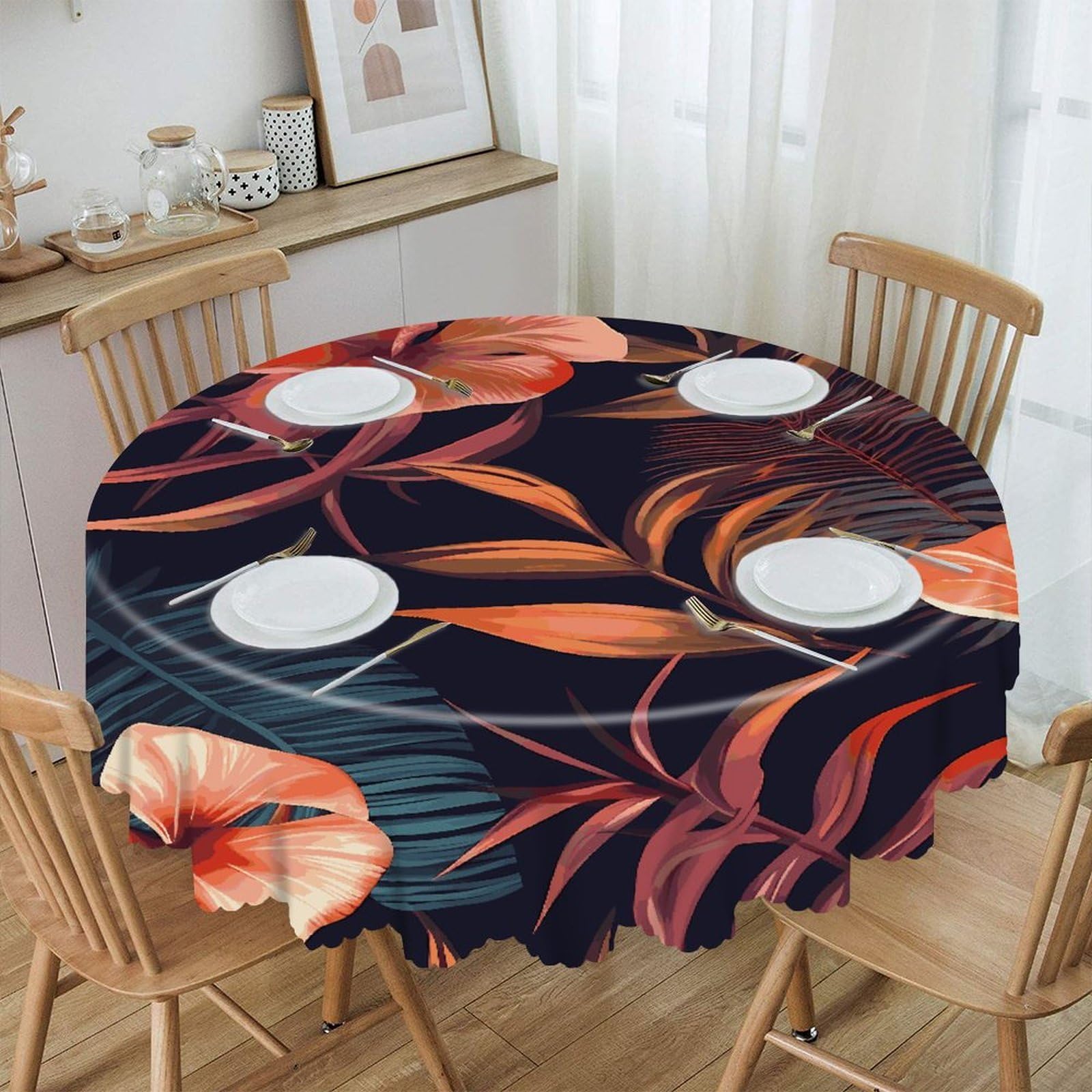 VstaDank Tropical Flower Round Tablecloth 60 Inch Easy to Clean Circle Table Cover Thick Decorative Round Polyester Table Cloth for Dining Kitchen Party Farmhouse Outdoor