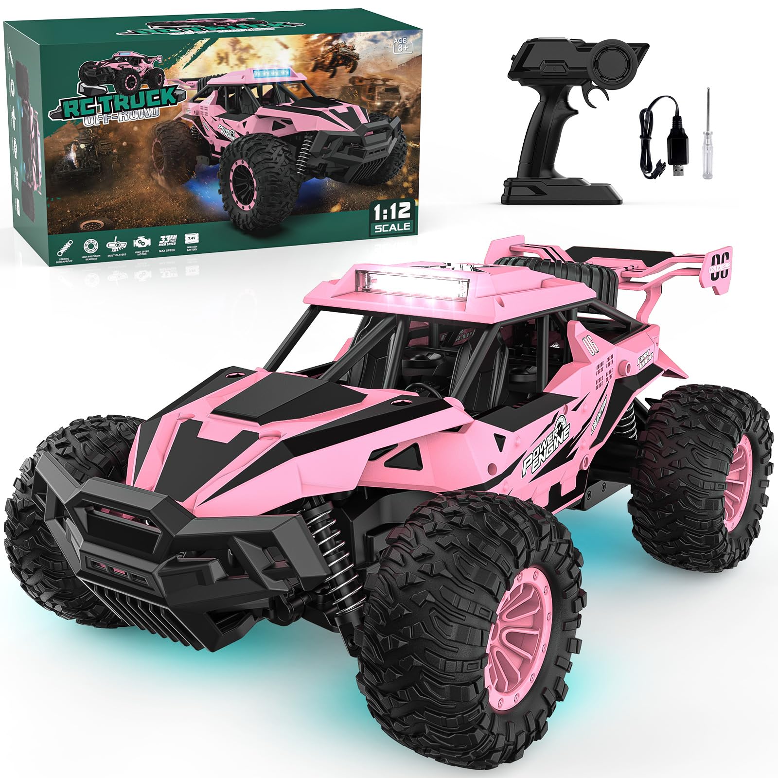 BLUEJAY Remote Control Car, 2.4GHz High Speed 33KM/H RC Cars Toys | 1:12 Monster RC Truck Off Road with LED Headlight and Rechargeable Battery Gifts for Adults Boys 8-12