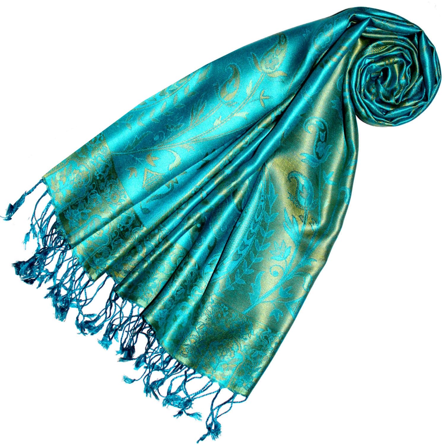 Lorenzo Cana Pashmina Damen - Schal Schaltuch jacquard gewebt 100% Seide Paisley Muster Seidenschal Seidentuch Türkis Hellgrün 78642