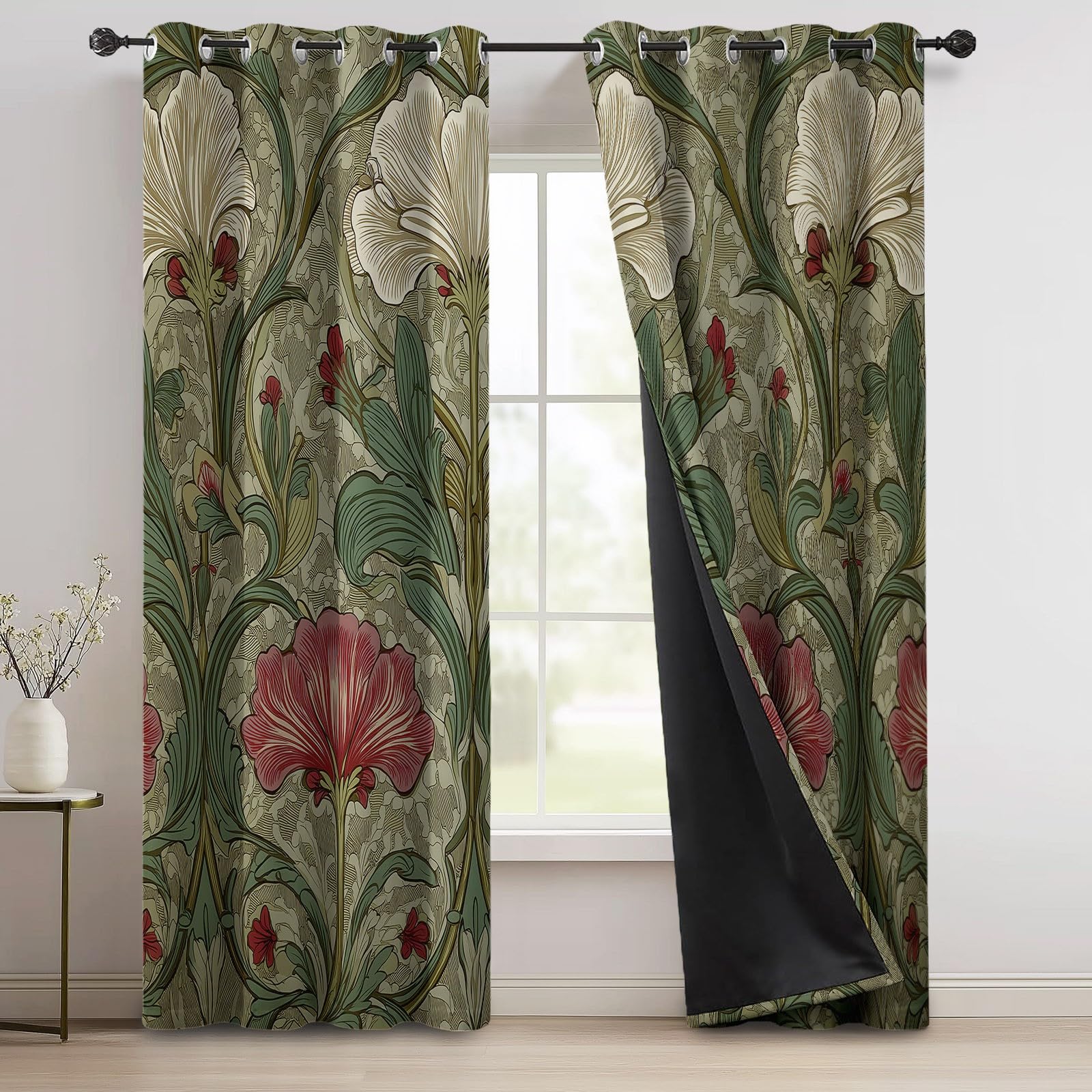 Rideaux Occultants William Morris Rétro Fleurs - Anti Chaleur Rideaux à œillets pour Chambre à Coucher, 2 Panneaux Isolation Thermique Rideau de Fenêtre pour Salon 70 L x 160 H cm, Vert Foncé