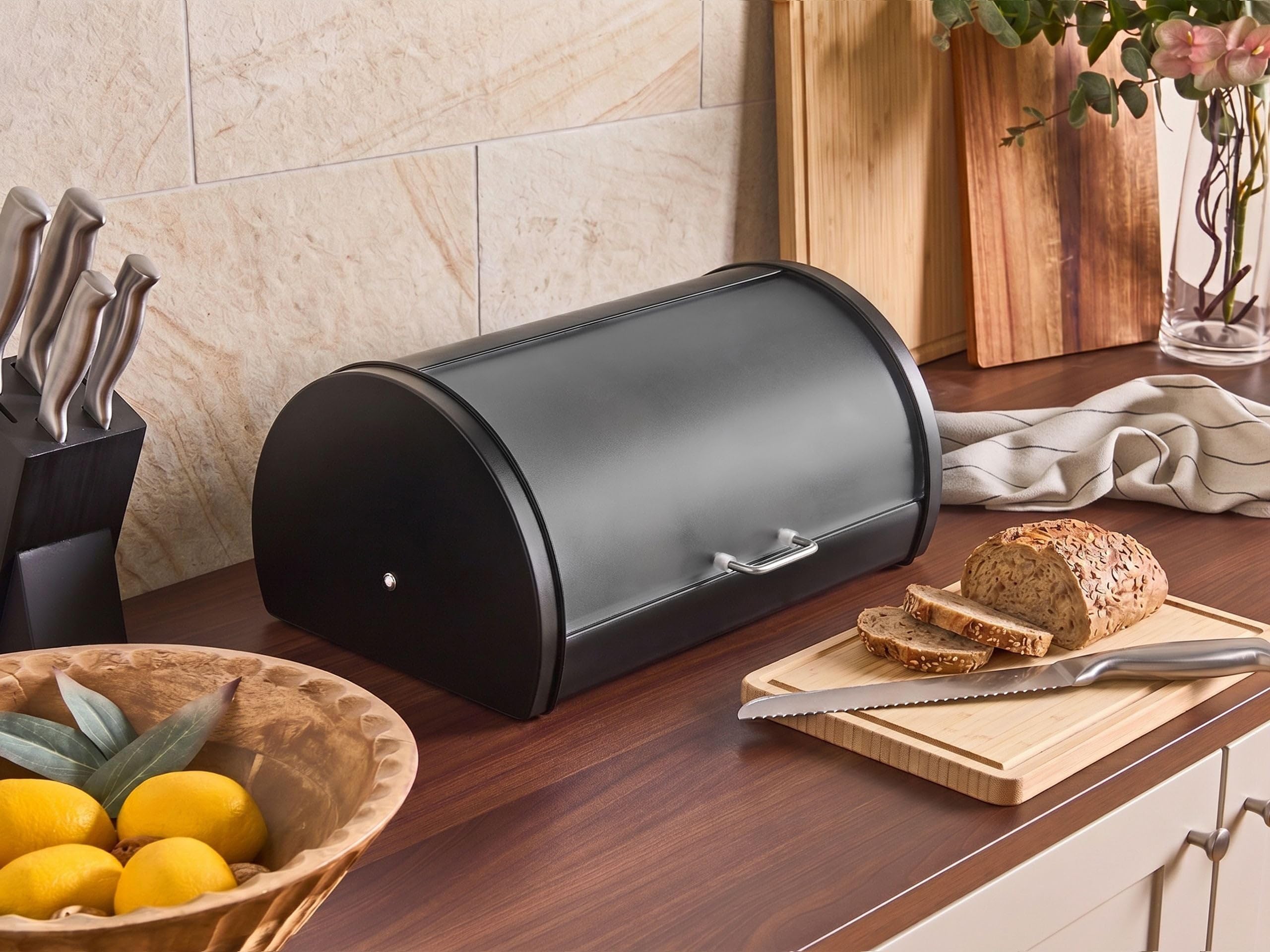 Beliani Panera de metal de acero inoxidable con tapa enrollable 38 x 26 x 19 cm negro Friandise