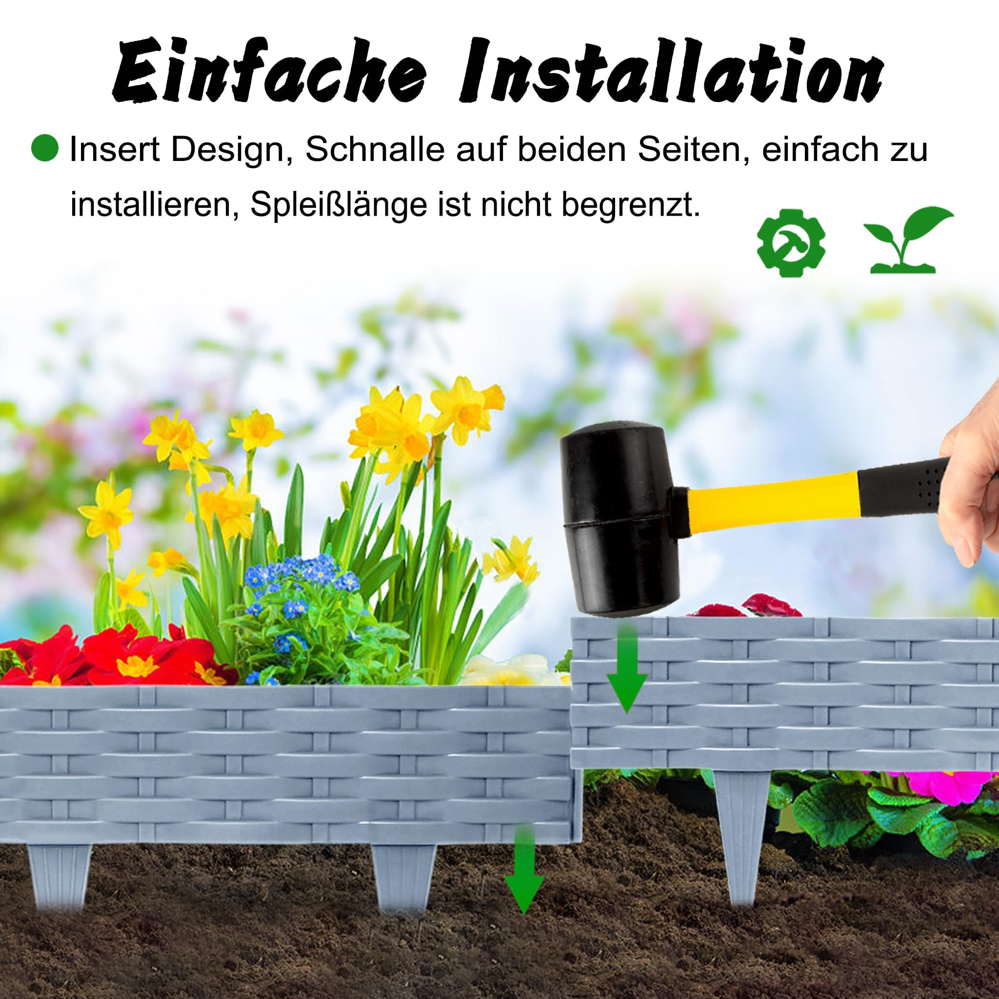 LZQ Bordo per aiuole, in plastica, pieghevole, 15 m, motivo palizzate, con 15 elementi da 100 cm, colore: grigio