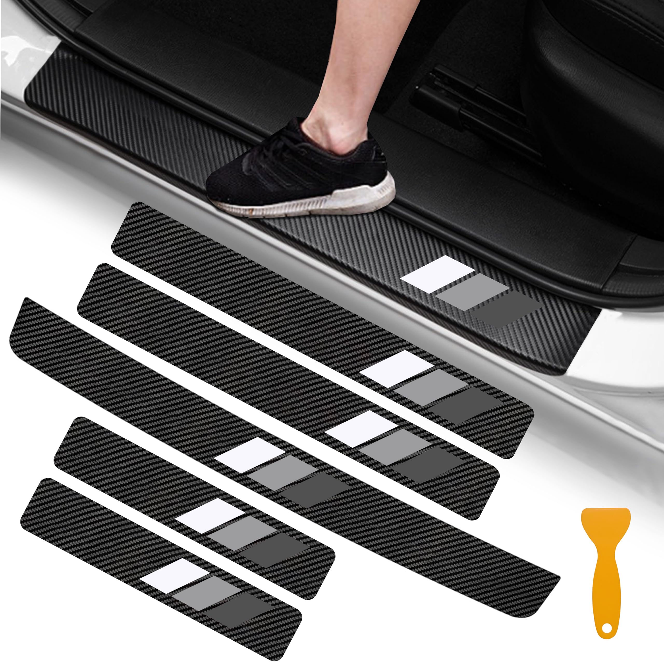 YOSRTER 5PCS Door Sill Guard Stickers Fit for Toyota Accessories Tacoma 4Runner Tundra TRD Rav4 Highlander Tri-Color Fiber Leather Door Sill Protector (White/Gray/Dark Gray)