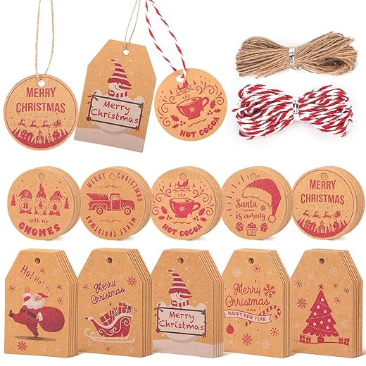 TOXOY 100PCS Christmas Tags with String, Christmas Labels for Gift Kraft Paper Tags for Christmas Presents Name Tags Christmas Tree Decorations
