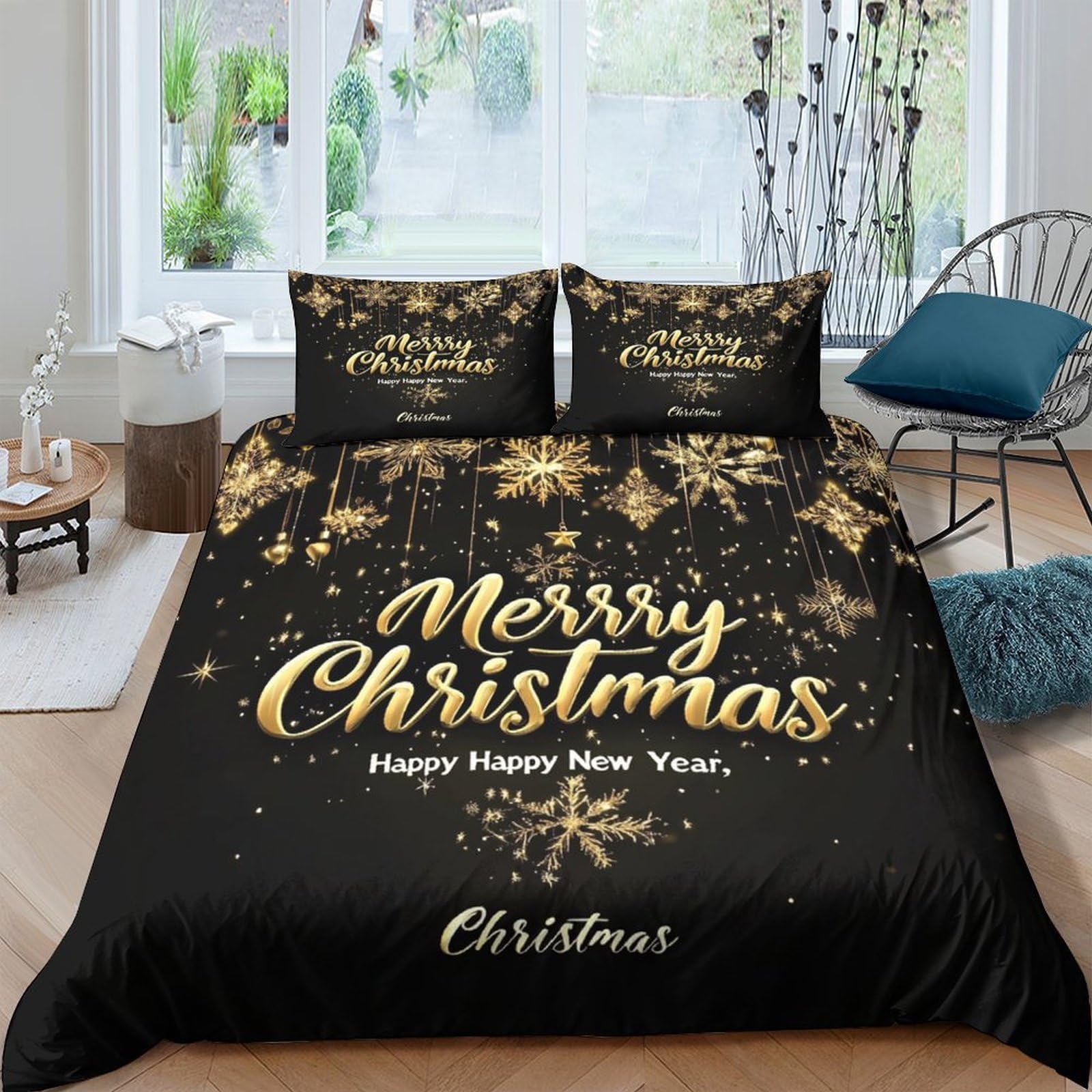 Ctjqhvkz Style-3 3D Printed Gold Snowflake Fitted Sheet Microfiber Black Merry Christmas Bed Cover For Bedroom Guest Room Decor Single（135X200cm）