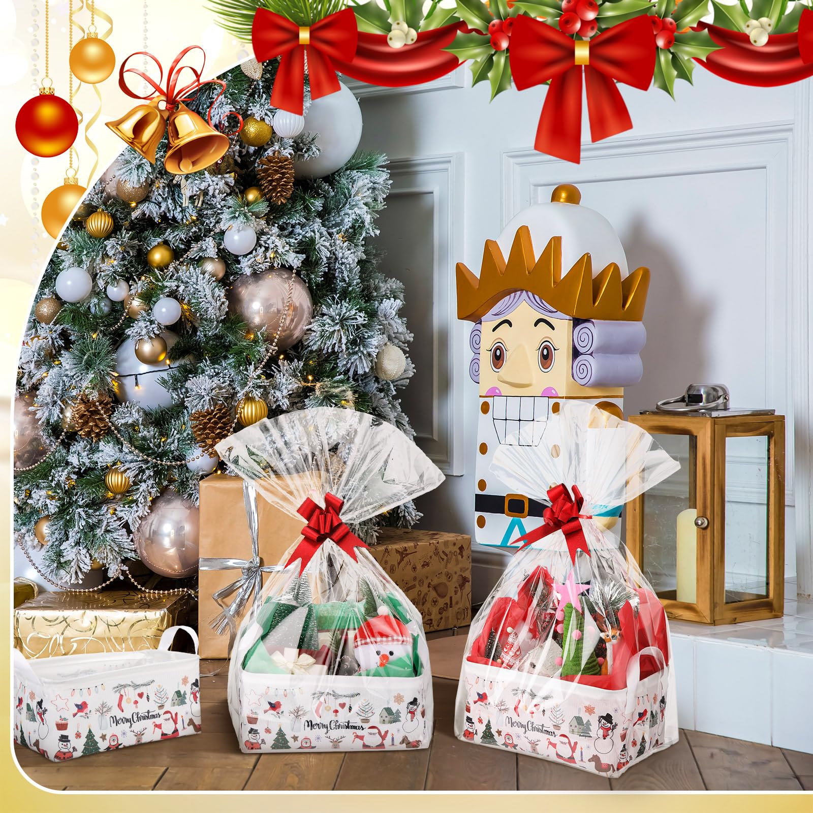 Yexiya 48-teiliges Weihnachts-Geschenkkörbe, leeres Set, enthält 6 Körbe mit 6 Geschenktüten, 6 rote Schleife, 30 Papierauskleidung für Geschenke, leer zum Befüllen mit Korb, leer, Körbe für