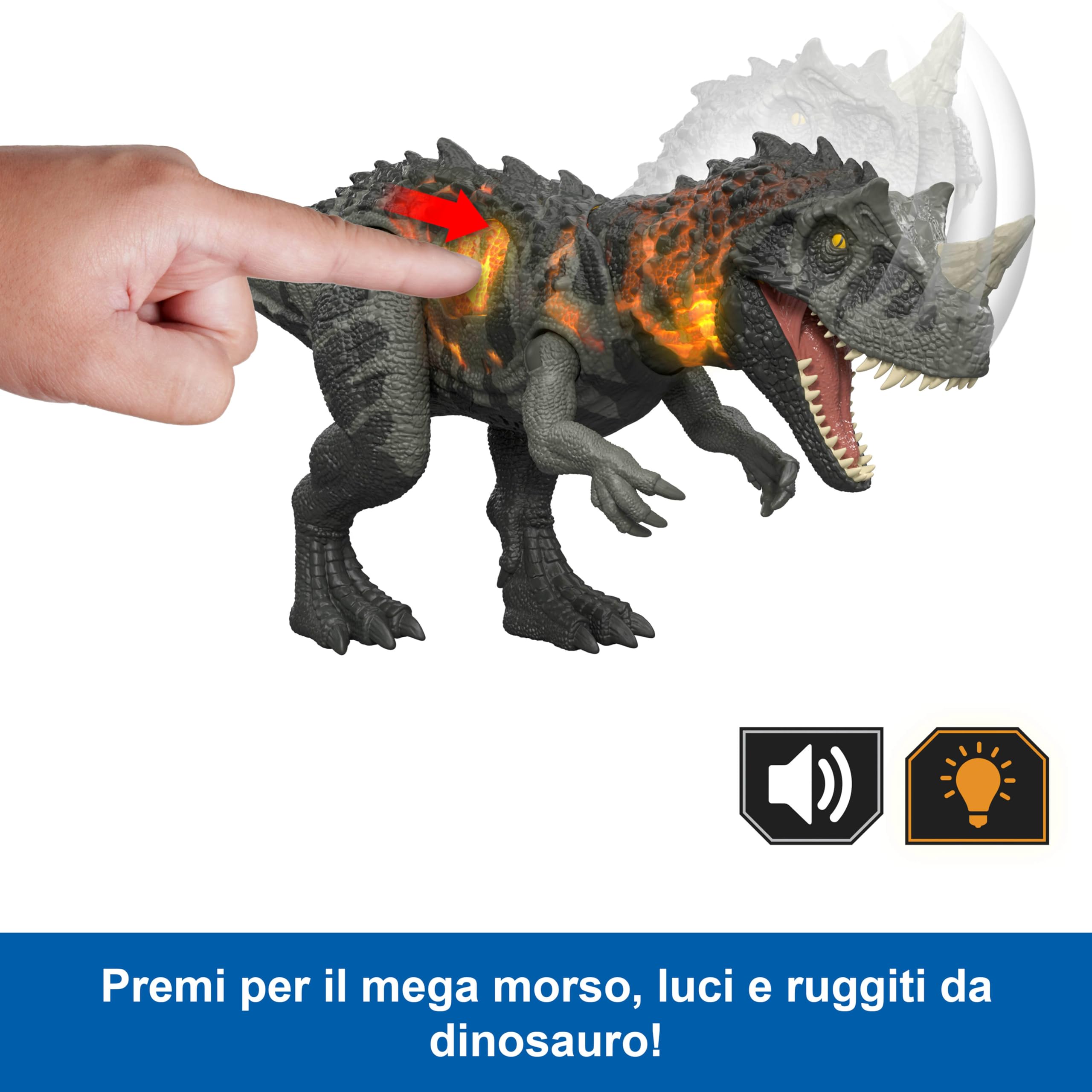 Mattel Jurassic World - Ceratosaurus Ruggito Selvaggio, dinosauro snodabile con mandibola multidirezionale, mossa d'attacco e suoni inclusi, giocattolo per bambini, 4+ anni, JKL77