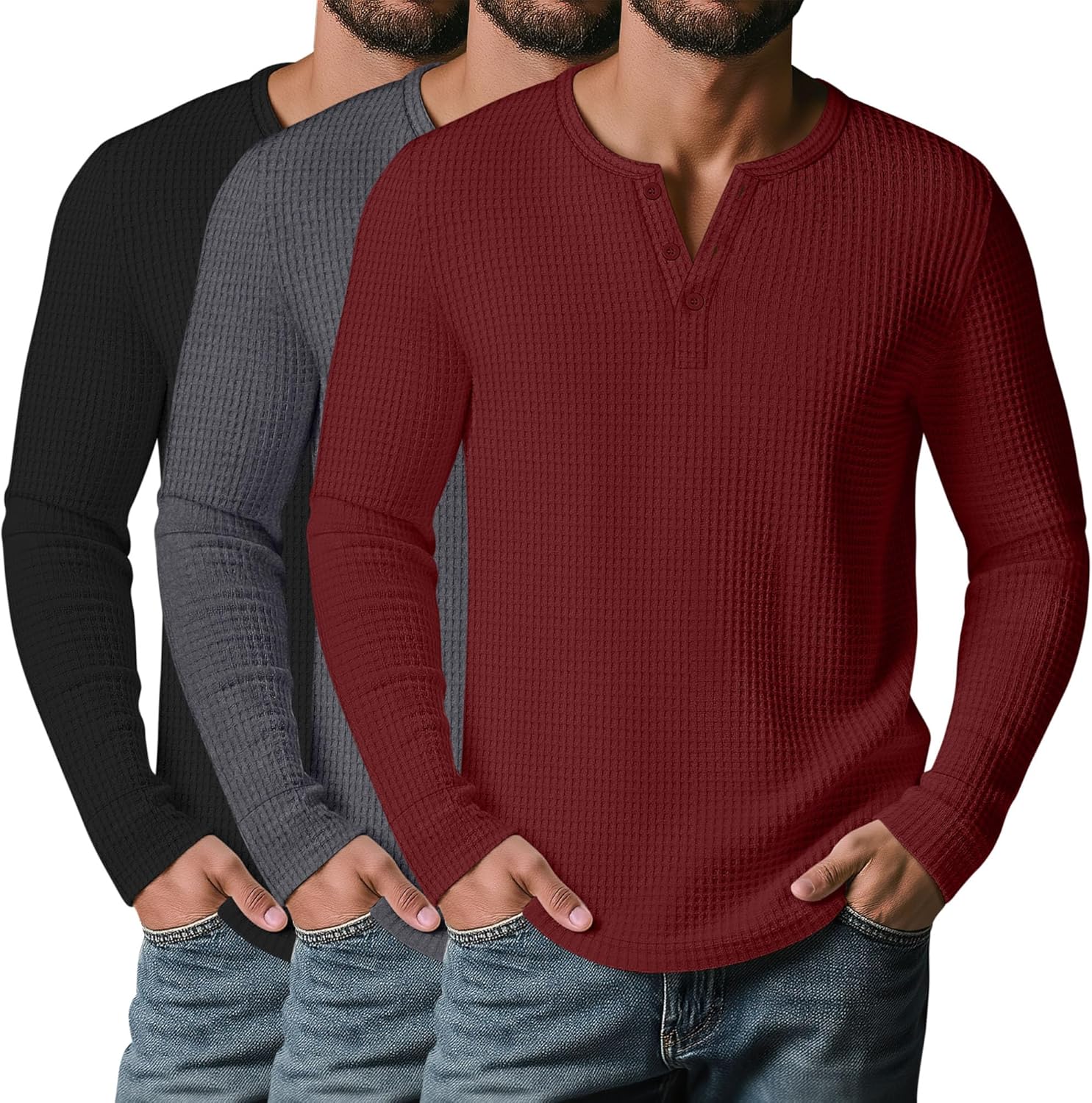 3 Pack Men’s Waffle Henley Shirts, Long Sleeve Button Tops Casual Basic T-Shirts Li...