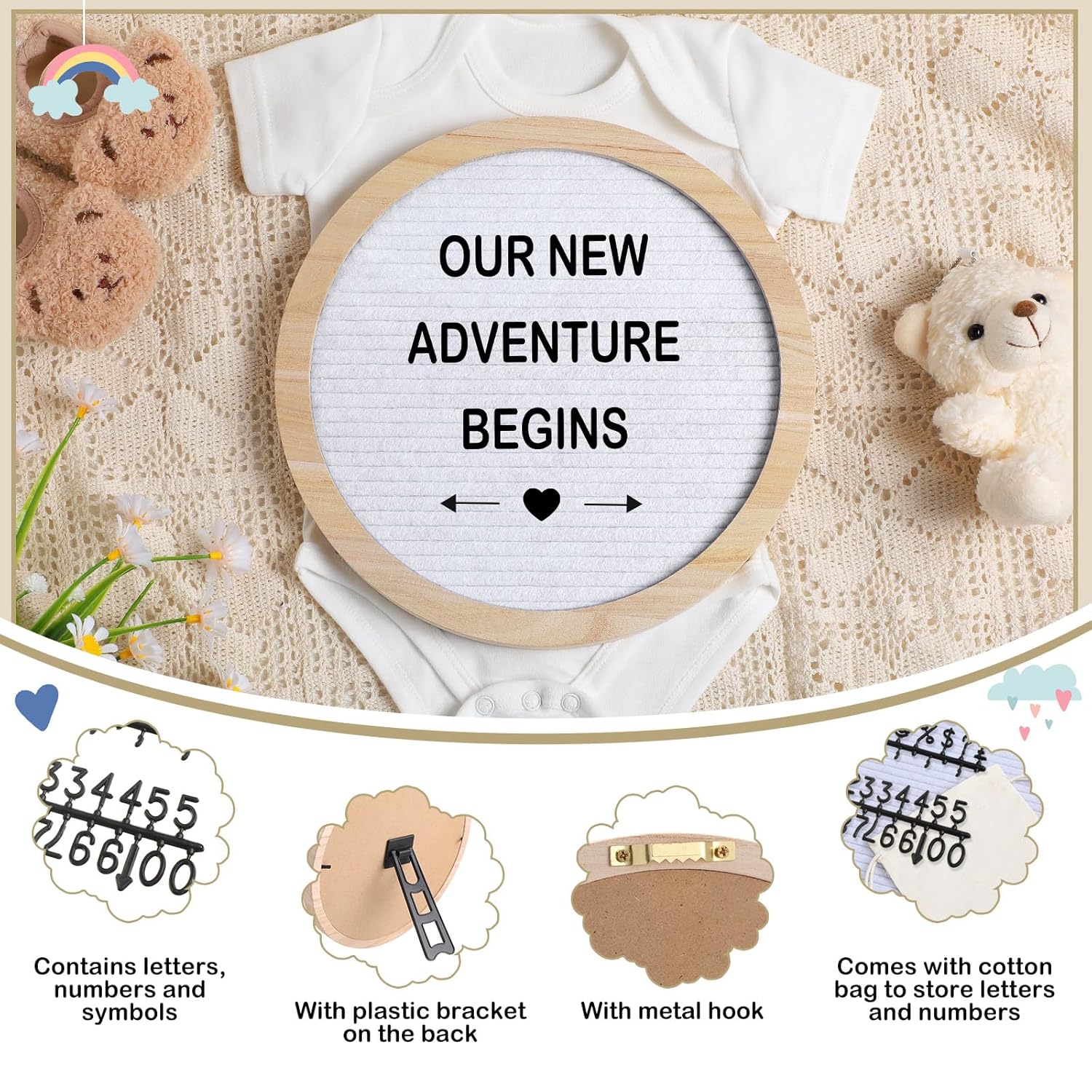 8 Pcs Pregnancy Announcement Set Pregnancy Reveal Ideas Include Felt Letter Round Board Kit Baby Bodysuit Booties Wood Blocks Wooden Signs for Coming Soon Baby Announcement(White) - Image 3