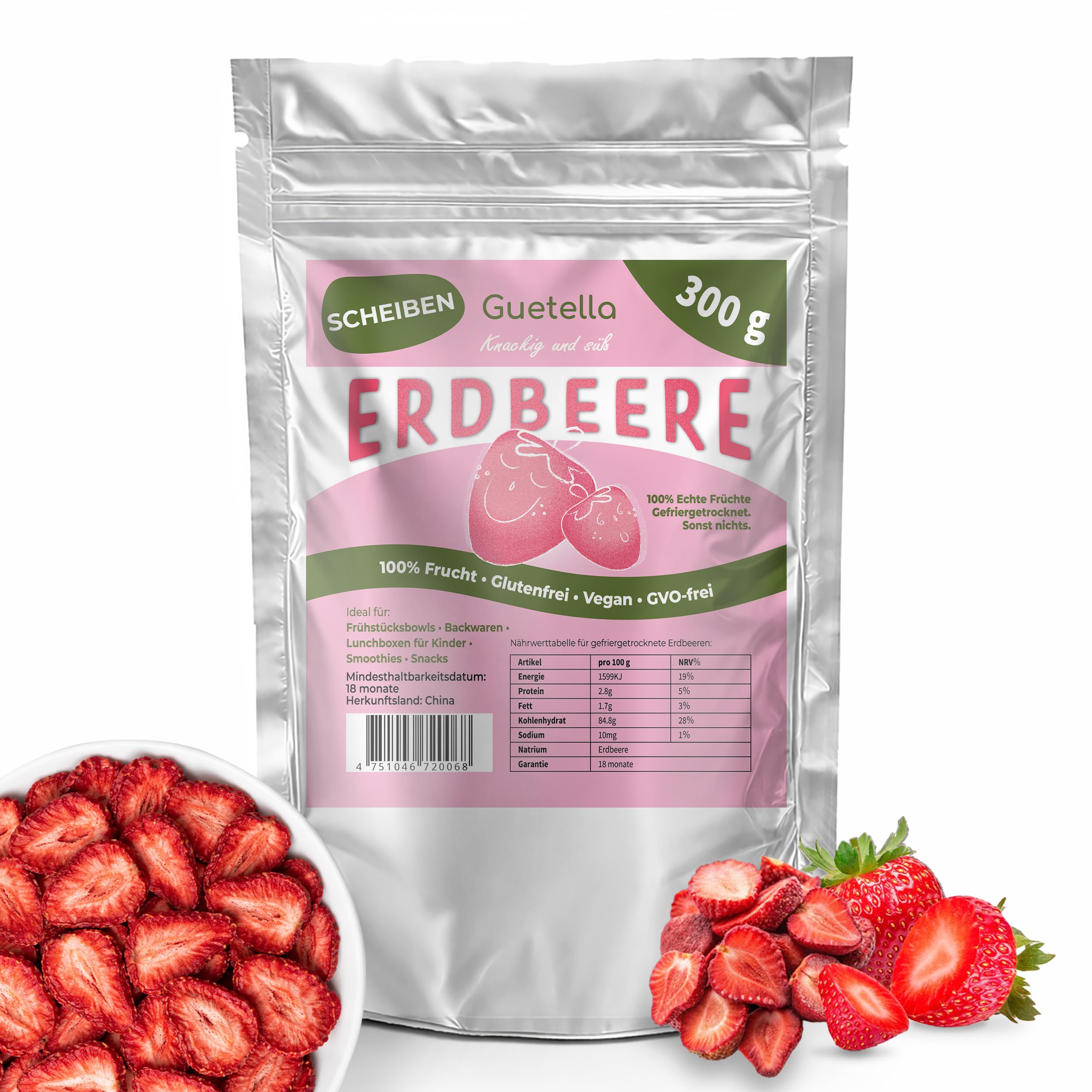 Gefriergetrocknete Erdbeeren – 100% Frucht ohne Zusatzstoffe – Knusprige Erdbeerchips – Vegan, natürlich – Snack & Topping