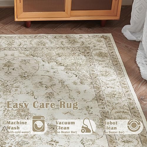 Miniatura 5 de jinchan Alfombra lavable de pelo bajo de 6 x 9 pulgadas, resistente a las manchas, alfombra vintage con medallón floral, alfombra envejecida,