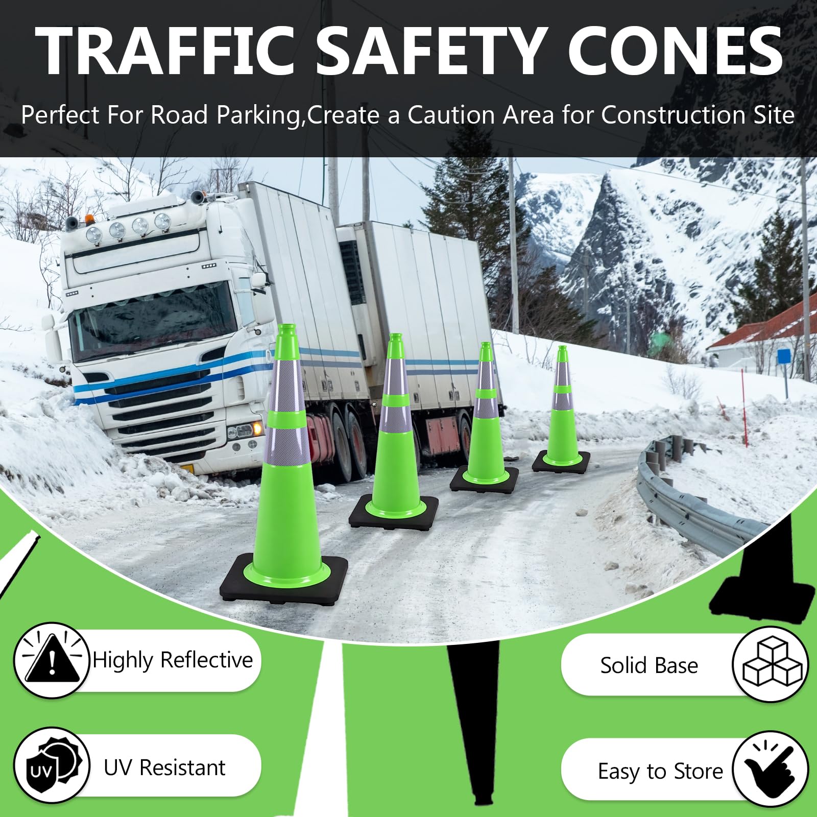 BESEA - Paquete de 8 conos de tráfico verdes de 28 pulgadas con collar reflectante de 6 pulgadas para construcción, calzada, estacionamiento de carretera (8 piezas)