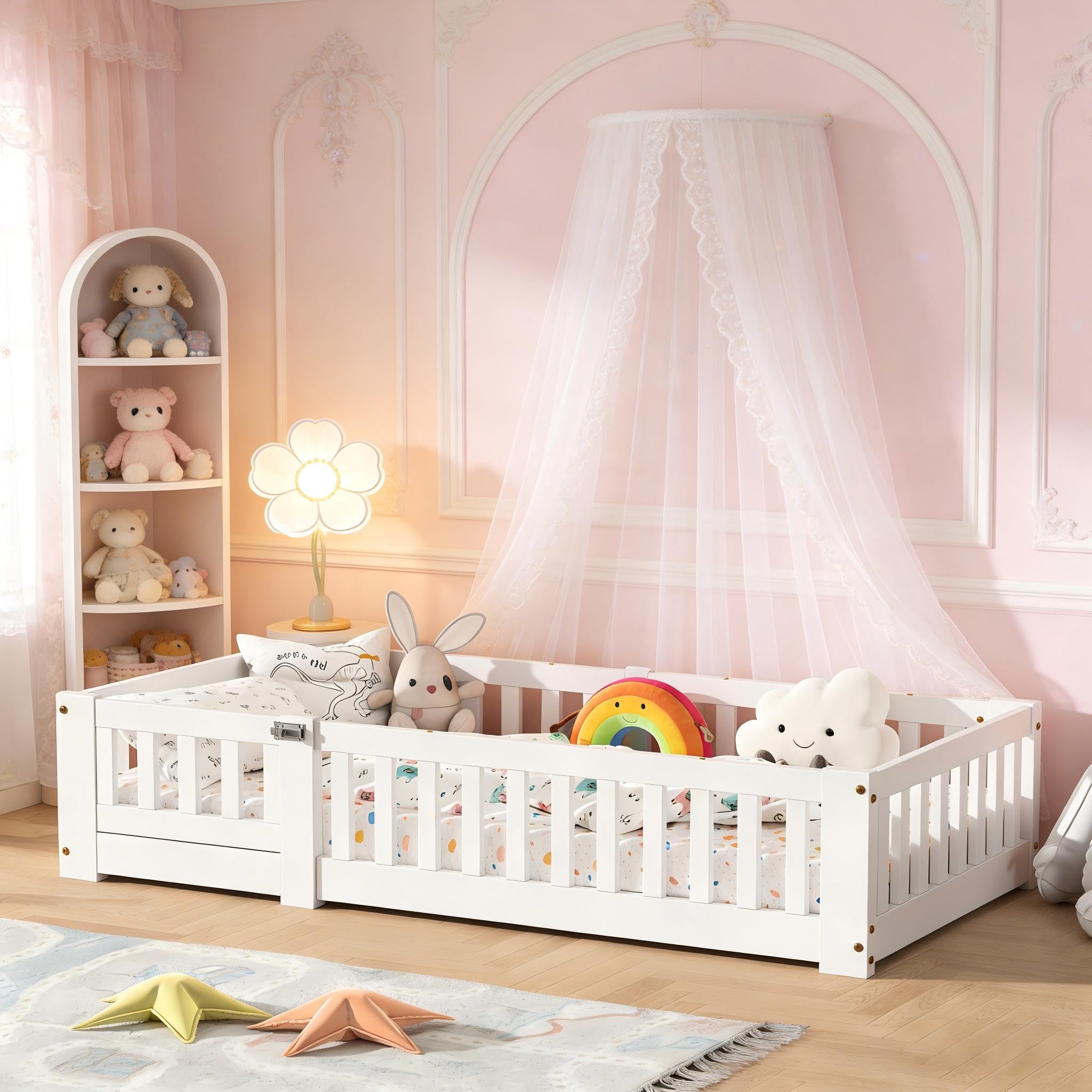 Cama infantil 90x190 cm, cama Montessori en el suelo de madera maciza pino con protección contra caídas y somier de láminas, cama de barrotes para niños y niñas, color blanco