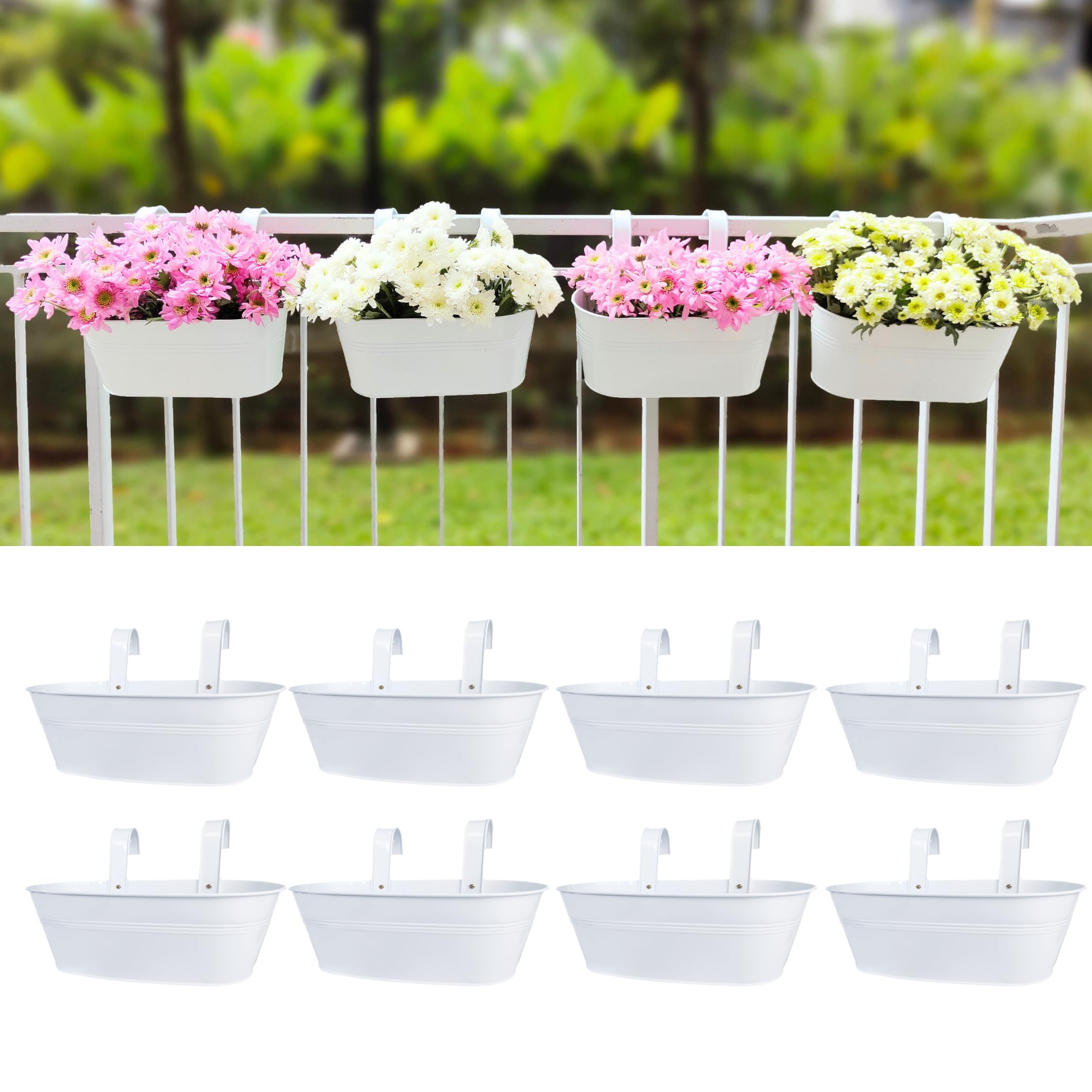 LaLaGreen - Macetas para exteriores (paquete de 8, 17 pulgadas), barandilla de metal blanco para colgar flores, caja grande para ventana, ganchos para plantas, barandilla de valla, cubo moderno,