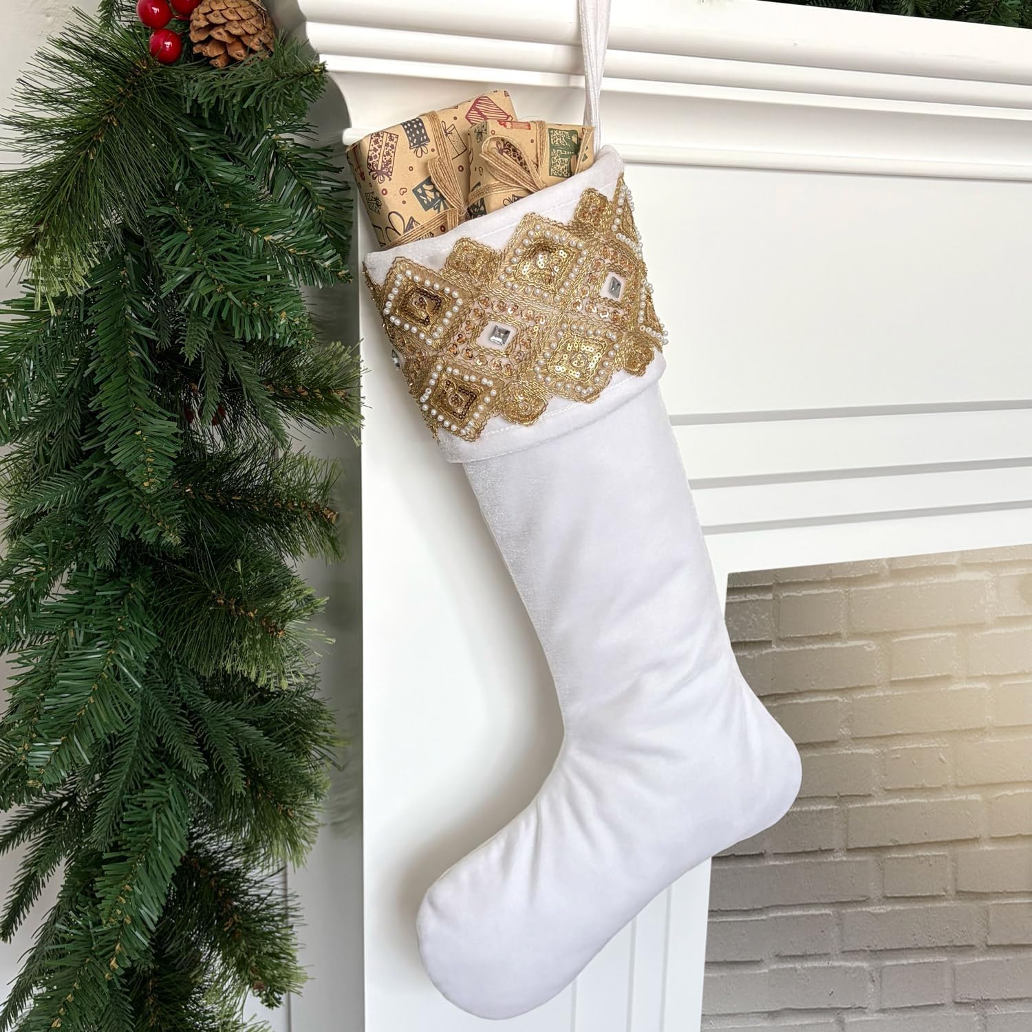 Set of 4 Velvet Christmas Stockings with Gold Glitter Accent Cuff and Microfiber Lining, Oversized 24-Inch, 4-Pack (Burgundy, Ivory, Royal Blue, Forest Green)