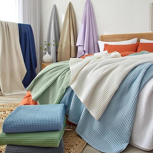 Miniatura 6 de PHF - Manta 100% algodón tejido gofre de 50 x 60 pulgadas, manta suave y transpirable prelavada, para todas las estaciones, capa perfecta para sofá,