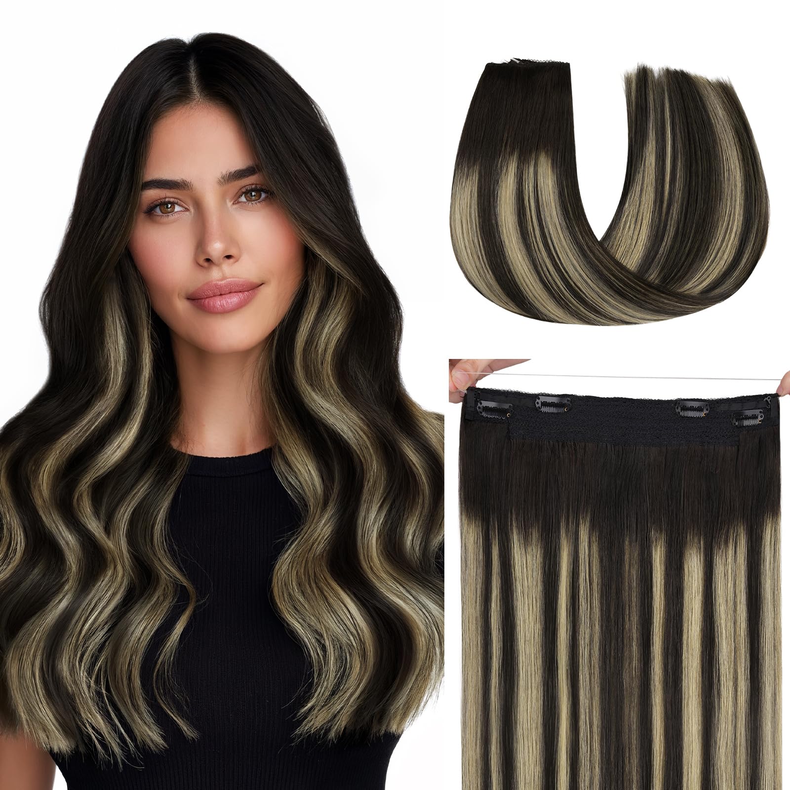hotbanana Extension Capelli Veri con Filo Invisibile, 40cm 95g Nero Naturale a Biondo Chiaro Capelli Umani Remy Lisci, Invisible Wire Hair Extensions, Extension in Capelli Veri Invisibles