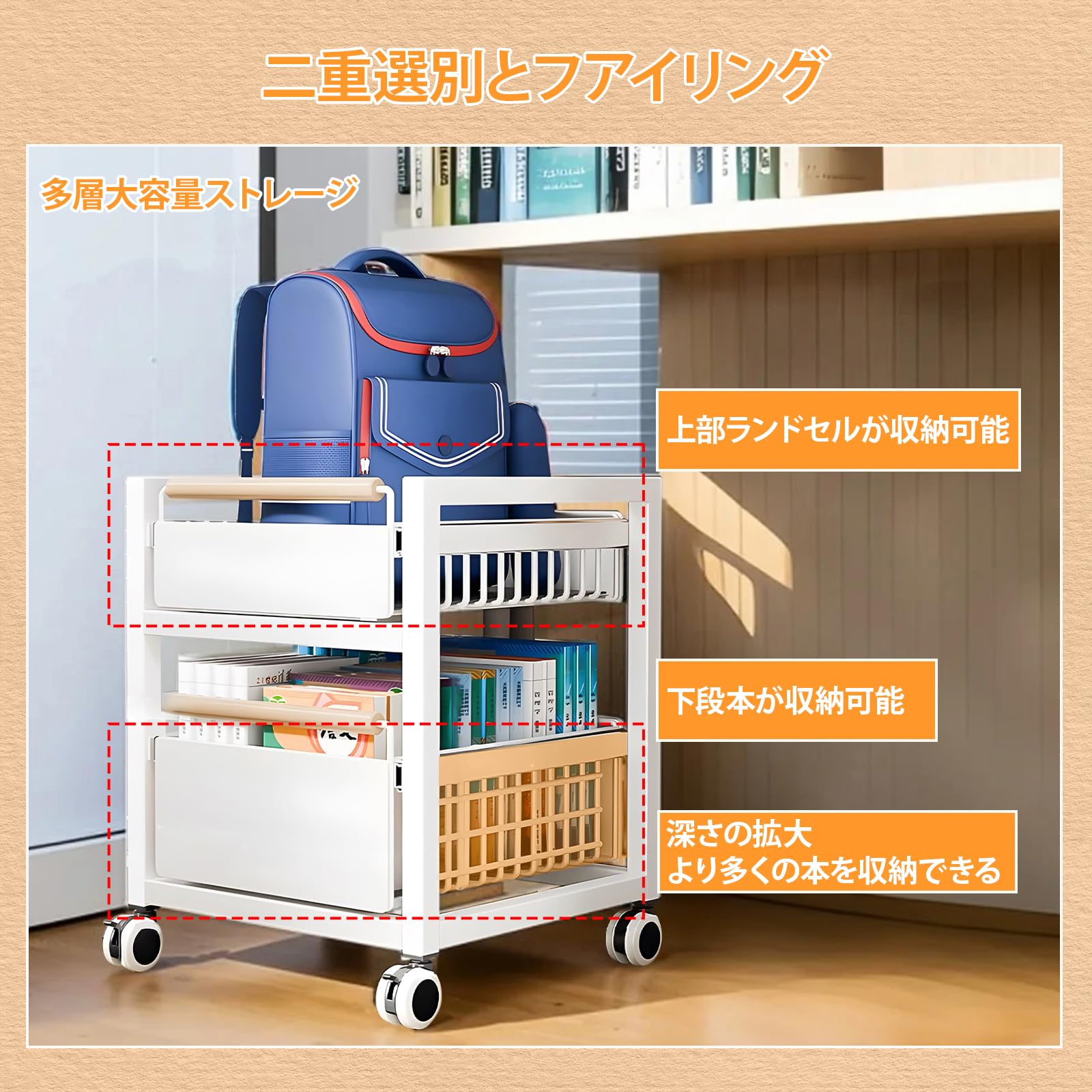 Amazon.co.jp: ワゴン 収納 2段 スライド式 キャスター付き ストッパー