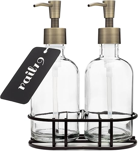 Rail19 Juego de dispensador de jabón y mano de vidrio con bomba de metal, incluye organizador de metal, 8 onzas (Cali Chrome)