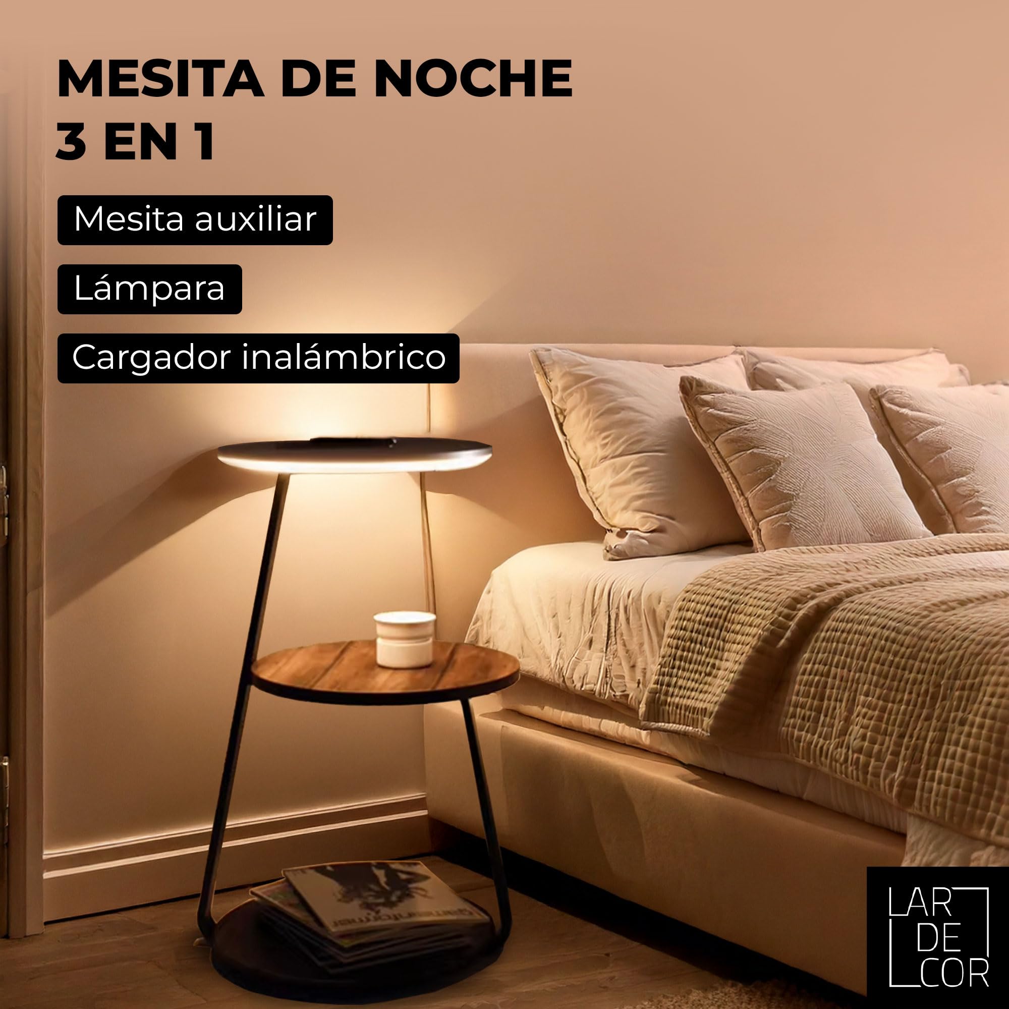 Mesita de Noche con Estación de Carga y Luz LED Variable, Mesa Auxiliar Alta de Madera con Cargador Inalámbrico y 2 Estantes, Ideal para Dormitorio o Salón, 35x61 cm (Zenith)