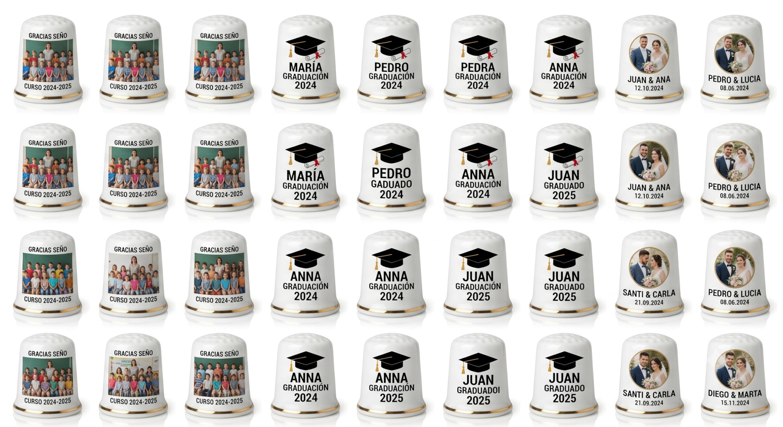 Pack 24 Dedales Cerámicos Jumbo Personalizados | Regalo Profesora Fin de Curso con Foto | Detalle Graduación Comunión Boda Invitados | Impresión UV 4x3cm Souvenir Original | Mayor y Filo Dourado