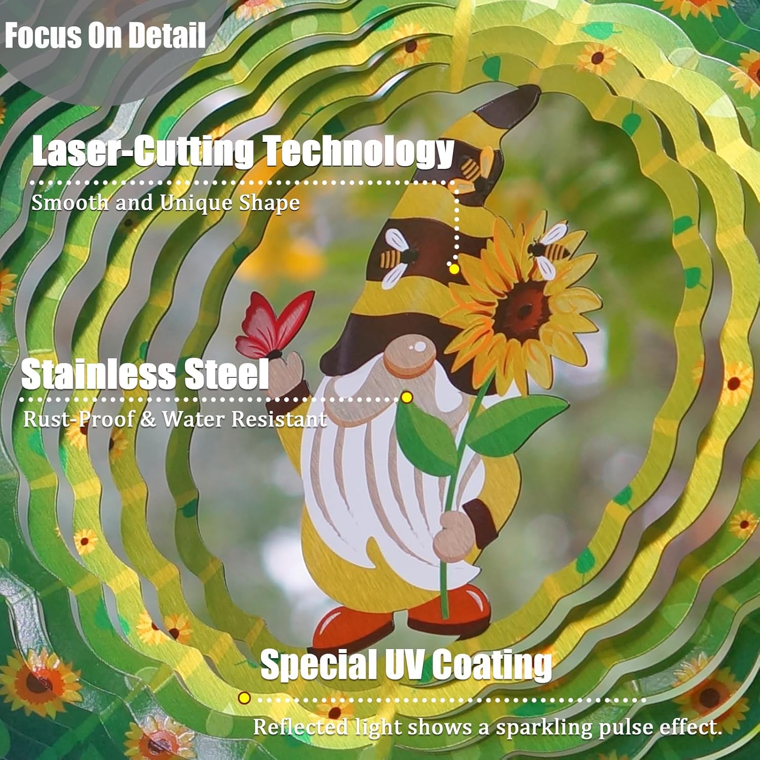Wind Chimes with Sunflower Gnome 3D Display Wind Spinner for Outside Garden Patio Yard Decor, Metal Decorative Windchime Outdoor Hanging Gift for Mom Women Wife, for Christmas, Birthday