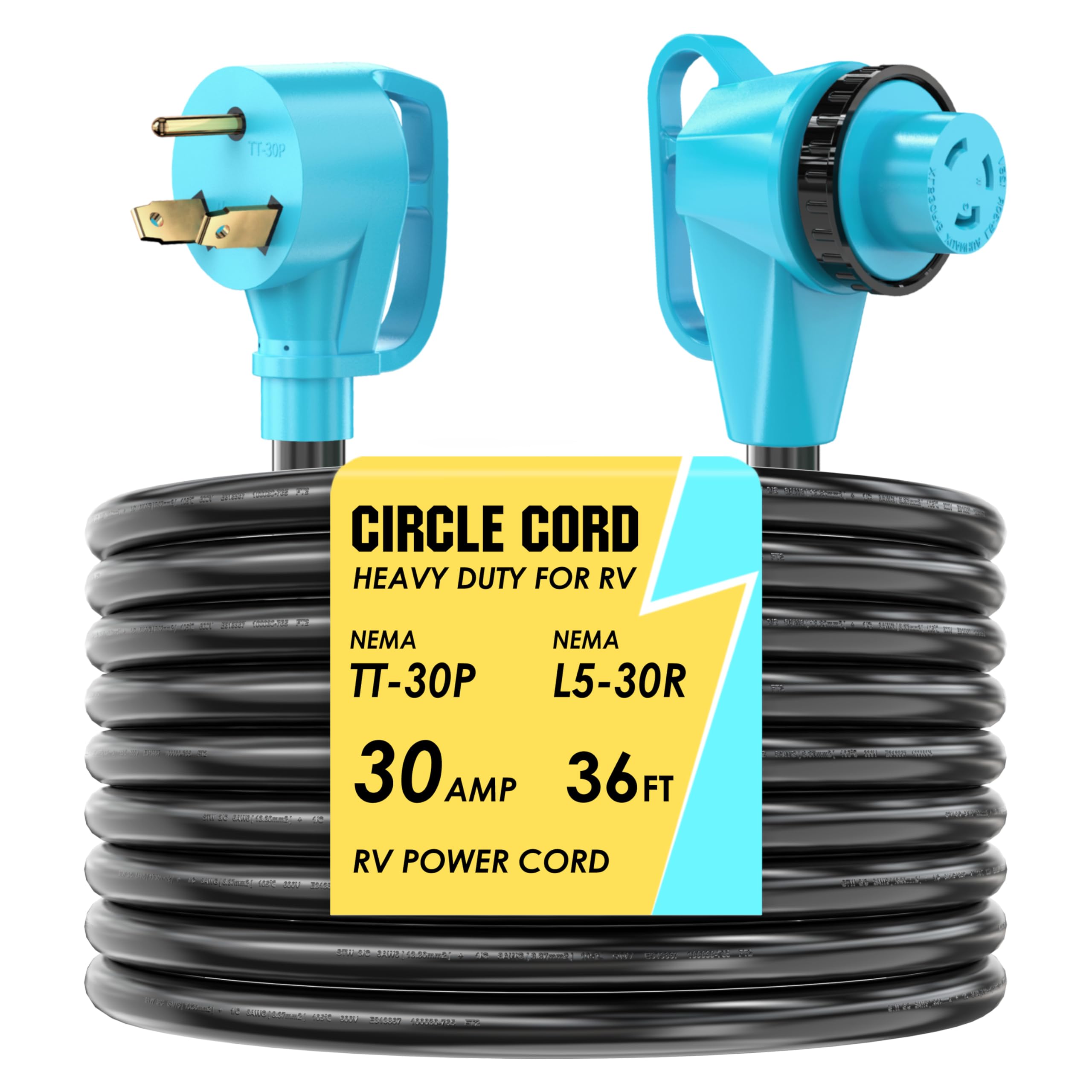 CircleCord 30 Amp 36 Feet RV Power Cord with 90 Right Angle Twist Locking, Heavy Duty 10 Gauge STW Pure Copper Wire with Grip Handle, TT-30P to L5-30R with Cord Organizer for RV Trailer Campers