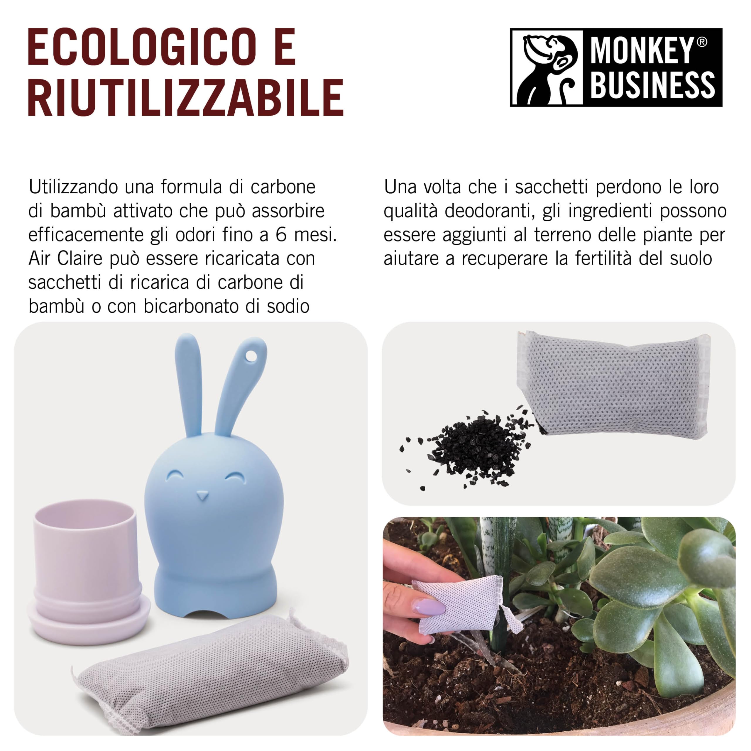 Monkey Business Eliminatore di odori per armadi e piccole aree/mantiene frigoriferi, armadi, armadietti, borse da palestra freschi/assorbe gli odori ecologico
