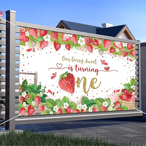 Miniatura 4 de Avezano Cartel de primer cumpleaños de fresa Berry Sweet Girl telón de fondo de primer cumpleaños Our Berry Sweet is Turning One Decoraciones para