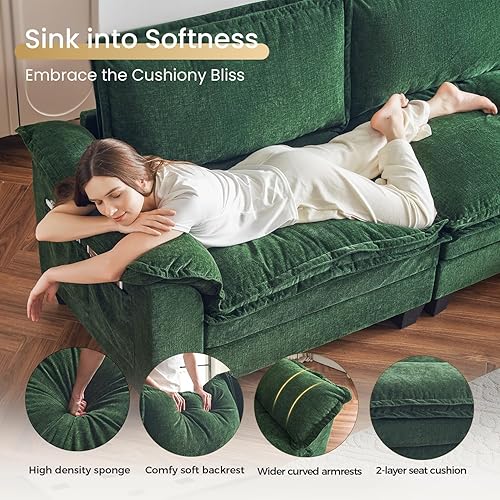 Miniatura 3 de KKL Sofá modular grande en forma de V, sofá de nube de 7 plazas con otomana, sofás seccionales de felpilla para sala de estar, apartamento, verde